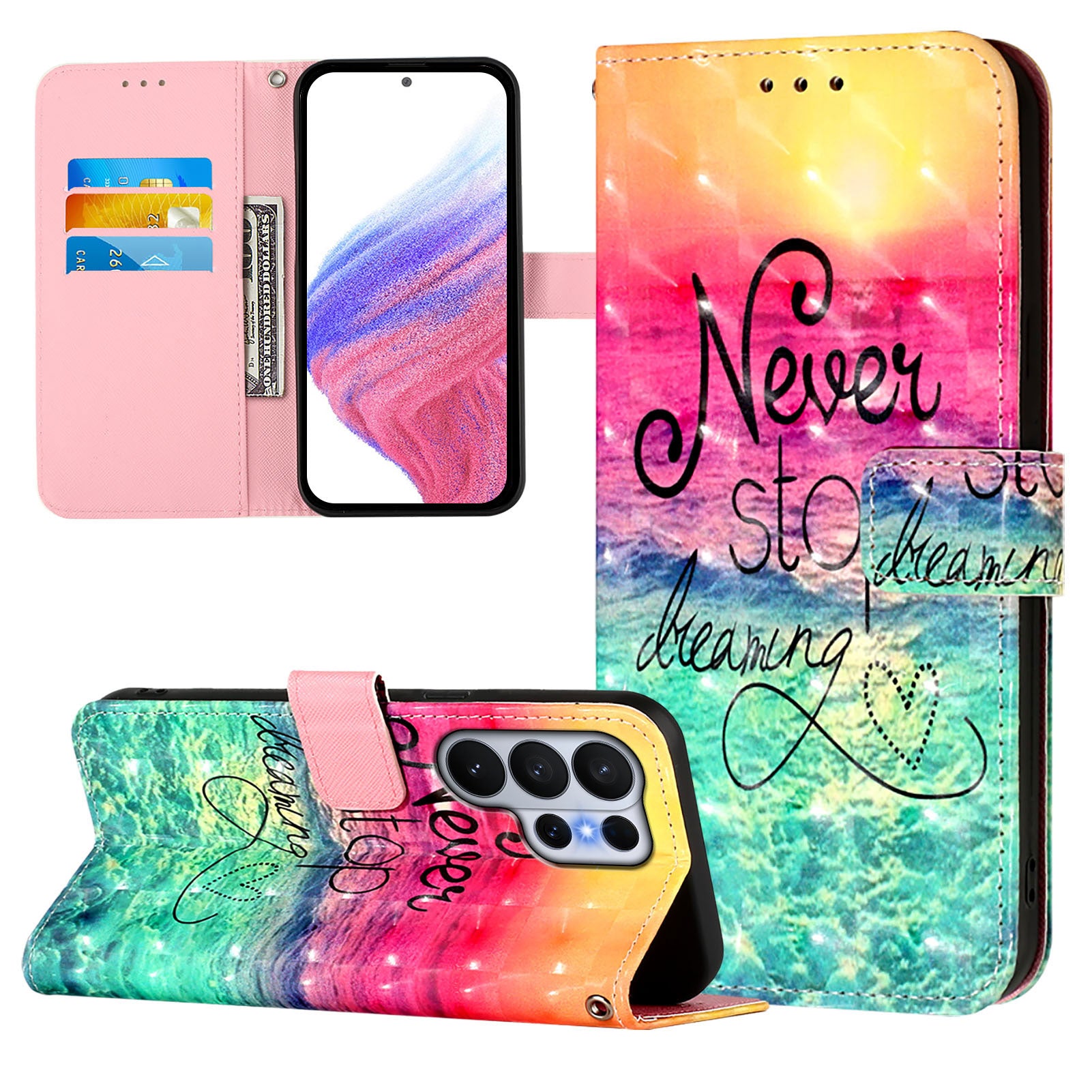For-Samsung-Galaxy-S26-Ultra-Leather-Case-Pattern-Printing-Wallet-Stand-Mobile-Cover-with-Strap-Never-Stop-Dreaming