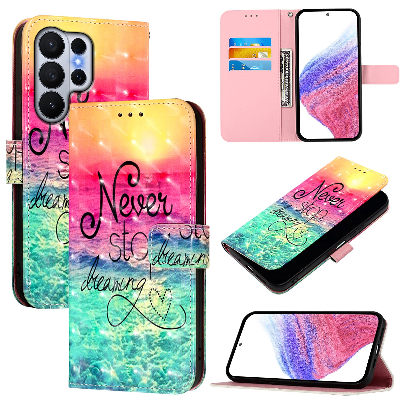 For-Samsung-Galaxy-S26-Ultra-Leather-Case-Pattern-Printing-Wallet-Stand-Mobile-Cover-with-Strap-Never-Stop-Dreaming