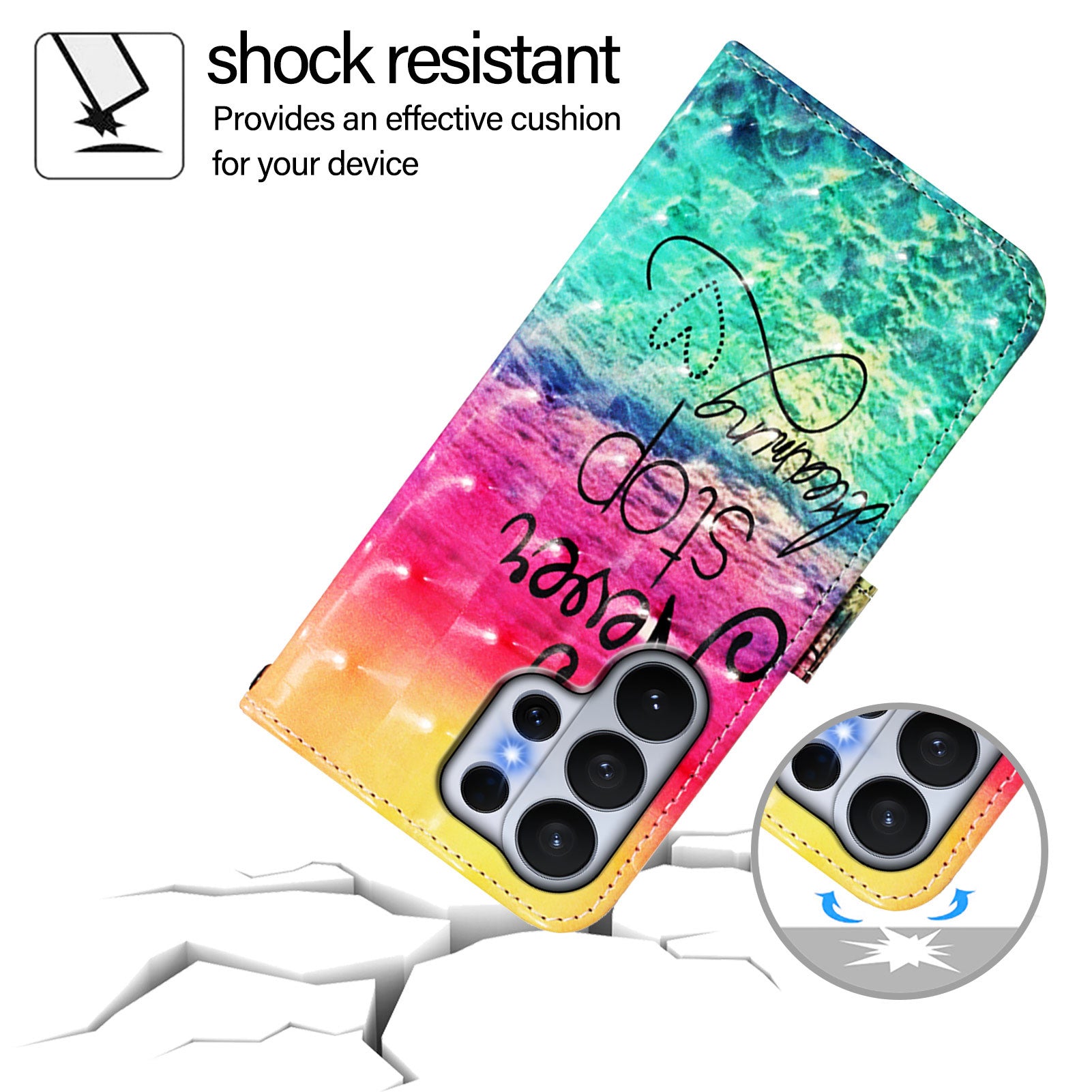 For-Samsung-Galaxy-S26-Ultra-Leather-Case-Pattern-Printing-Wallet-Stand-Mobile-Cover-with-Strap-Never-Stop-Dreaming