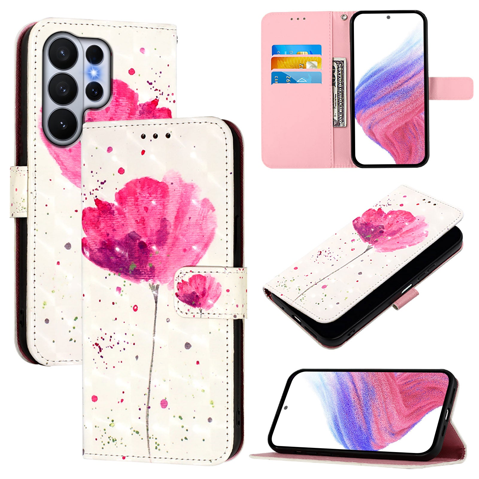 For-Samsung-Galaxy-S26-Ultra-Leather-Case-Pattern-Printing-Wallet-Stand-Mobile-Cover-with-Strap-Flower