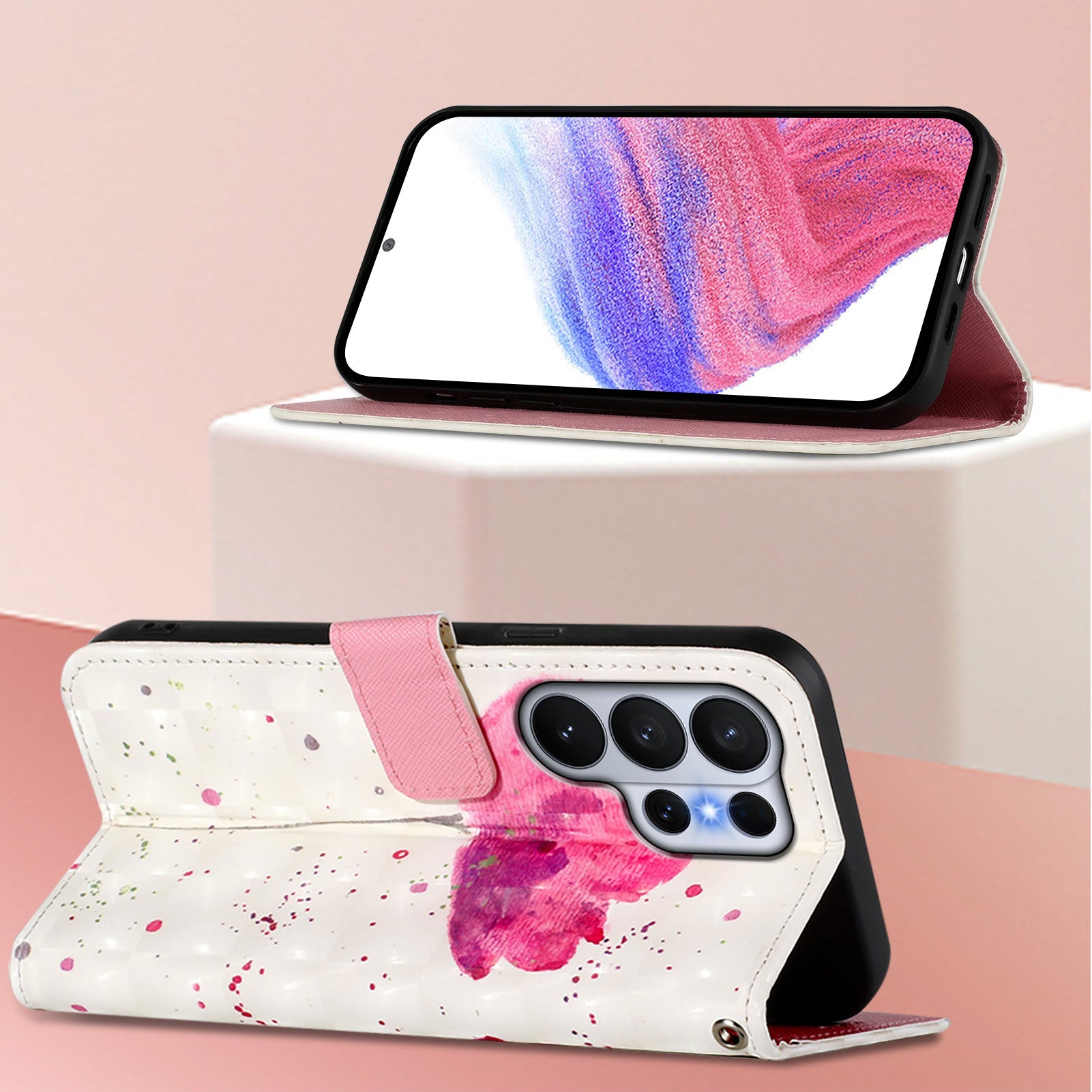 For-Samsung-Galaxy-S26-Ultra-Leather-Case-Pattern-Printing-Wallet-Stand-Mobile-Cover-with-Strap-Flower