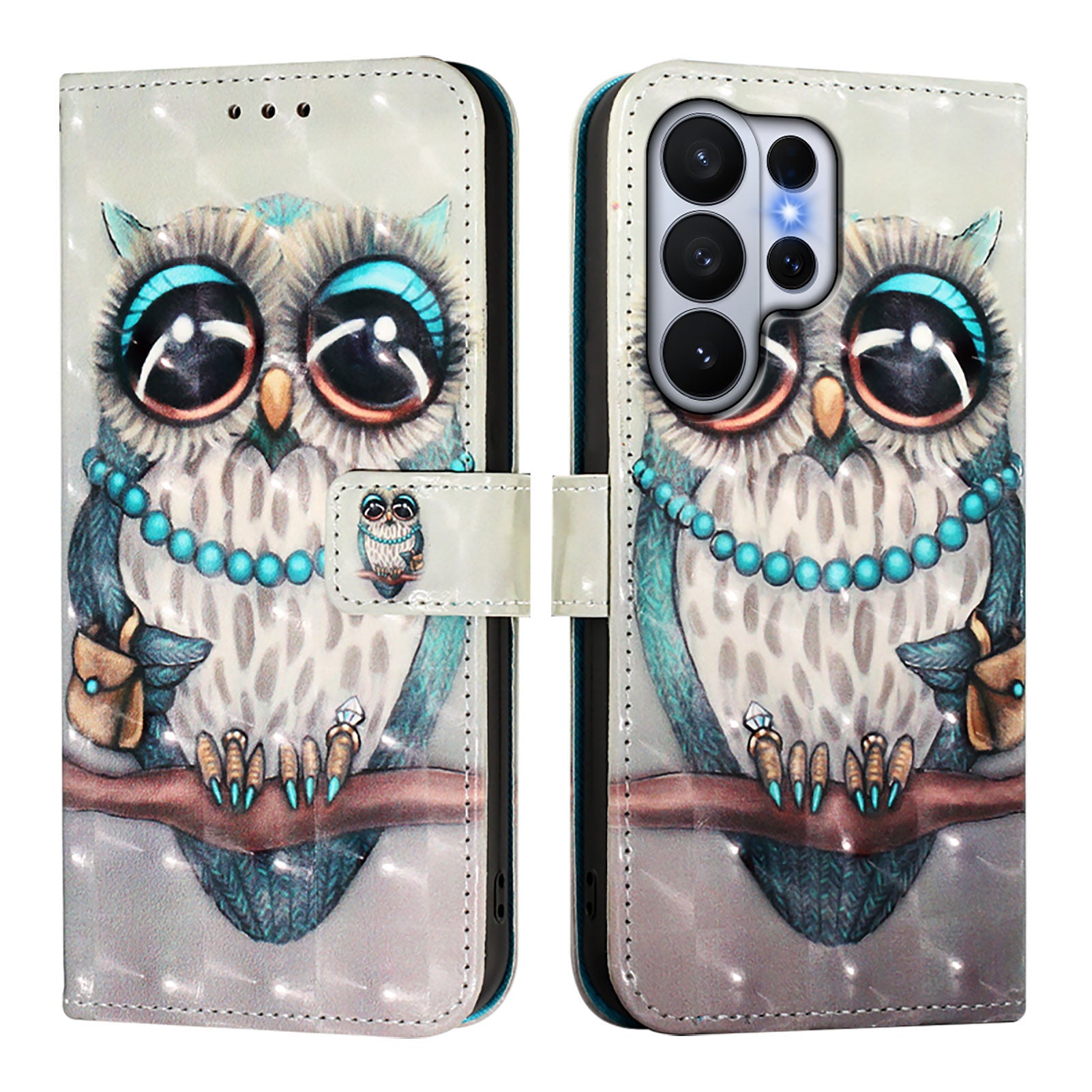 For-Samsung-Galaxy-S26-Ultra-Leather-Case-Pattern-Printing-Wallet-Stand-Mobile-Cover-with-Strap-Grey-Owl