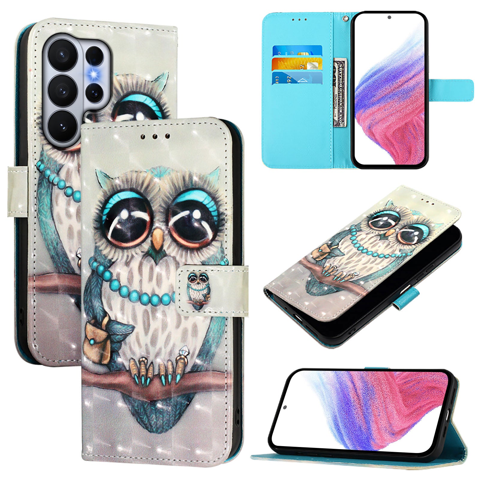 For-Samsung-Galaxy-S26-Ultra-Leather-Case-Pattern-Printing-Wallet-Stand-Mobile-Cover-with-Strap-Grey-Owl