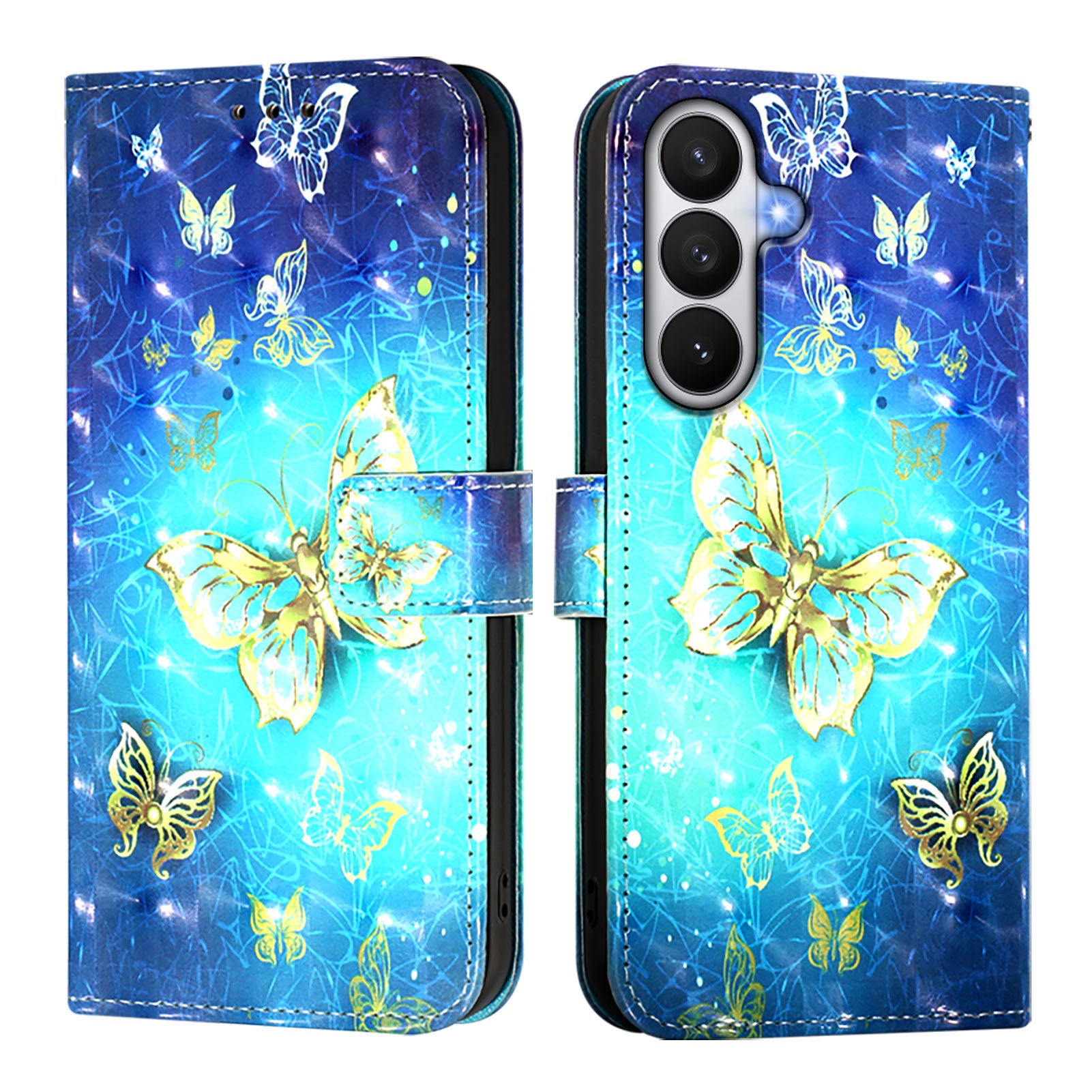 For-Samsung-Galaxy-S26-/-S26-Pro-Leather-Case-Pattern-Printing-Wallet-Stand-Mobile-Cover-with-Strap-Golden-Butterflies