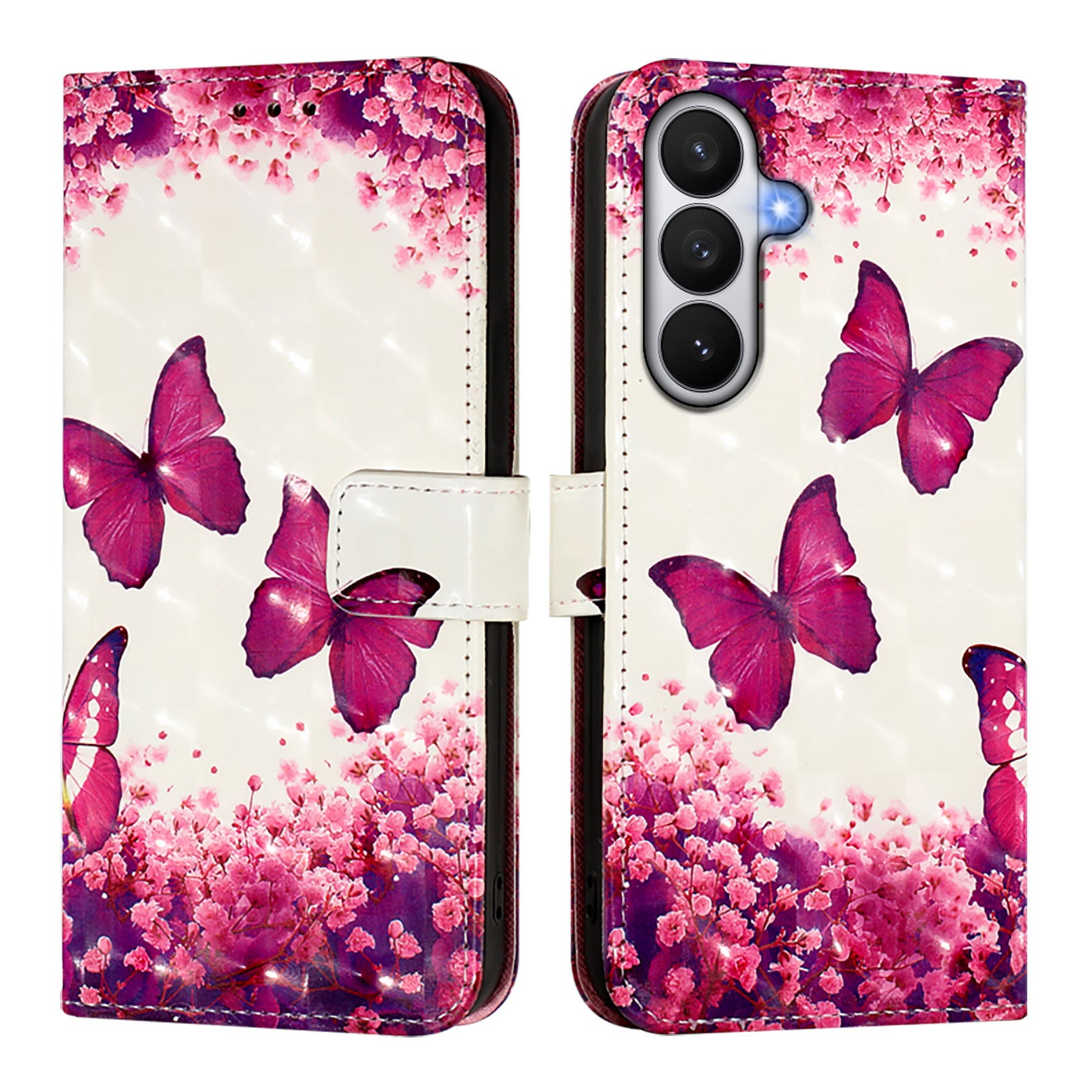 For-Samsung-Galaxy-S26-/-S26-Pro-Leather-Case-Pattern-Printing-Wallet-Stand-Mobile-Cover-with-Strap-Rose-Butterflies