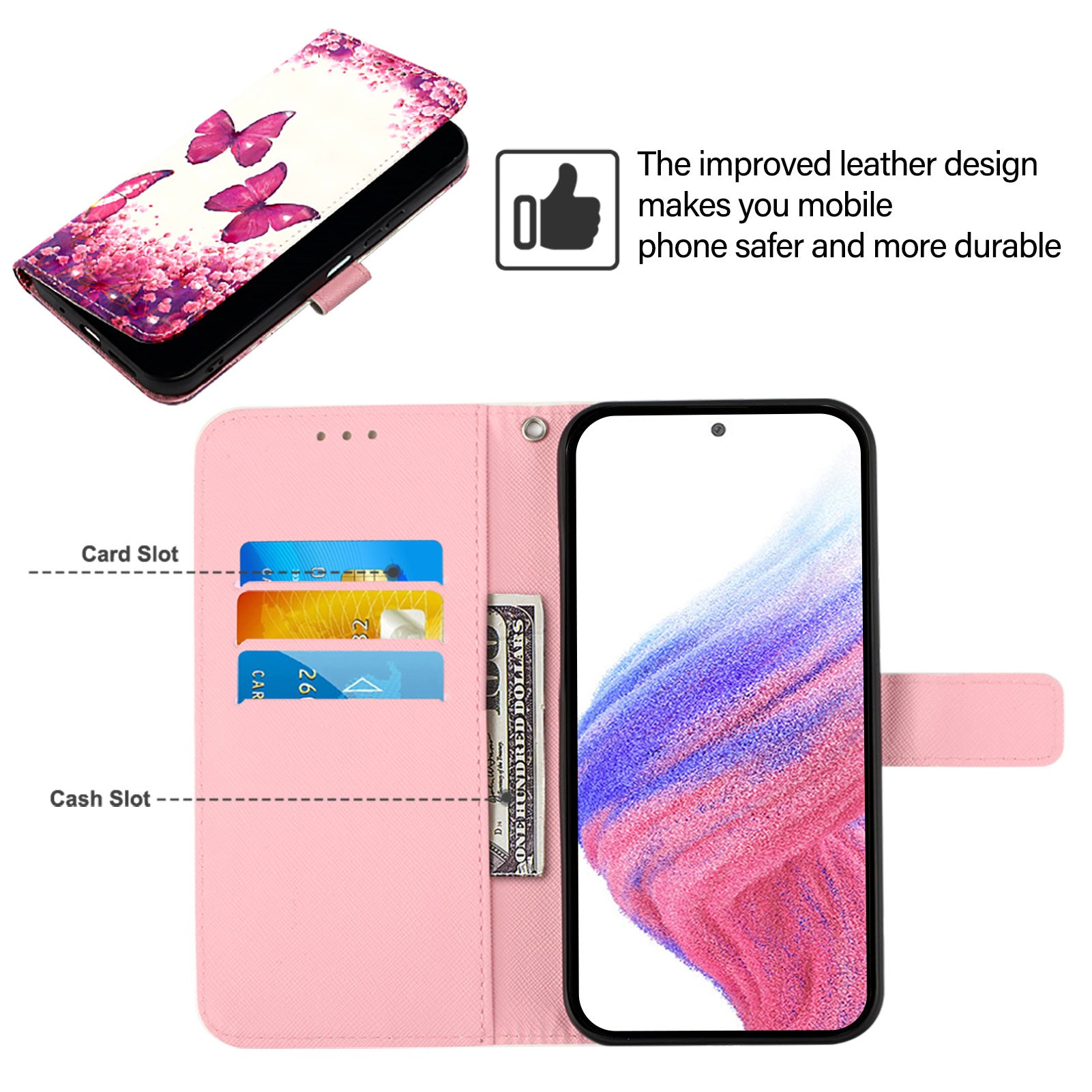 For-Samsung-Galaxy-S26-/-S26-Pro-Leather-Case-Pattern-Printing-Wallet-Stand-Mobile-Cover-with-Strap-Rose-Butterflies