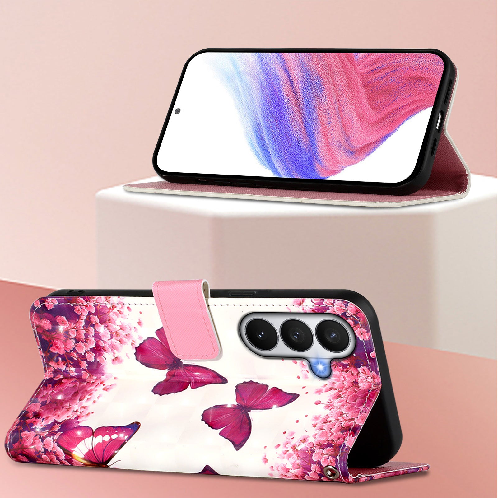 For-Samsung-Galaxy-S26-/-S26-Pro-Leather-Case-Pattern-Printing-Wallet-Stand-Mobile-Cover-with-Strap-Rose-Butterflies