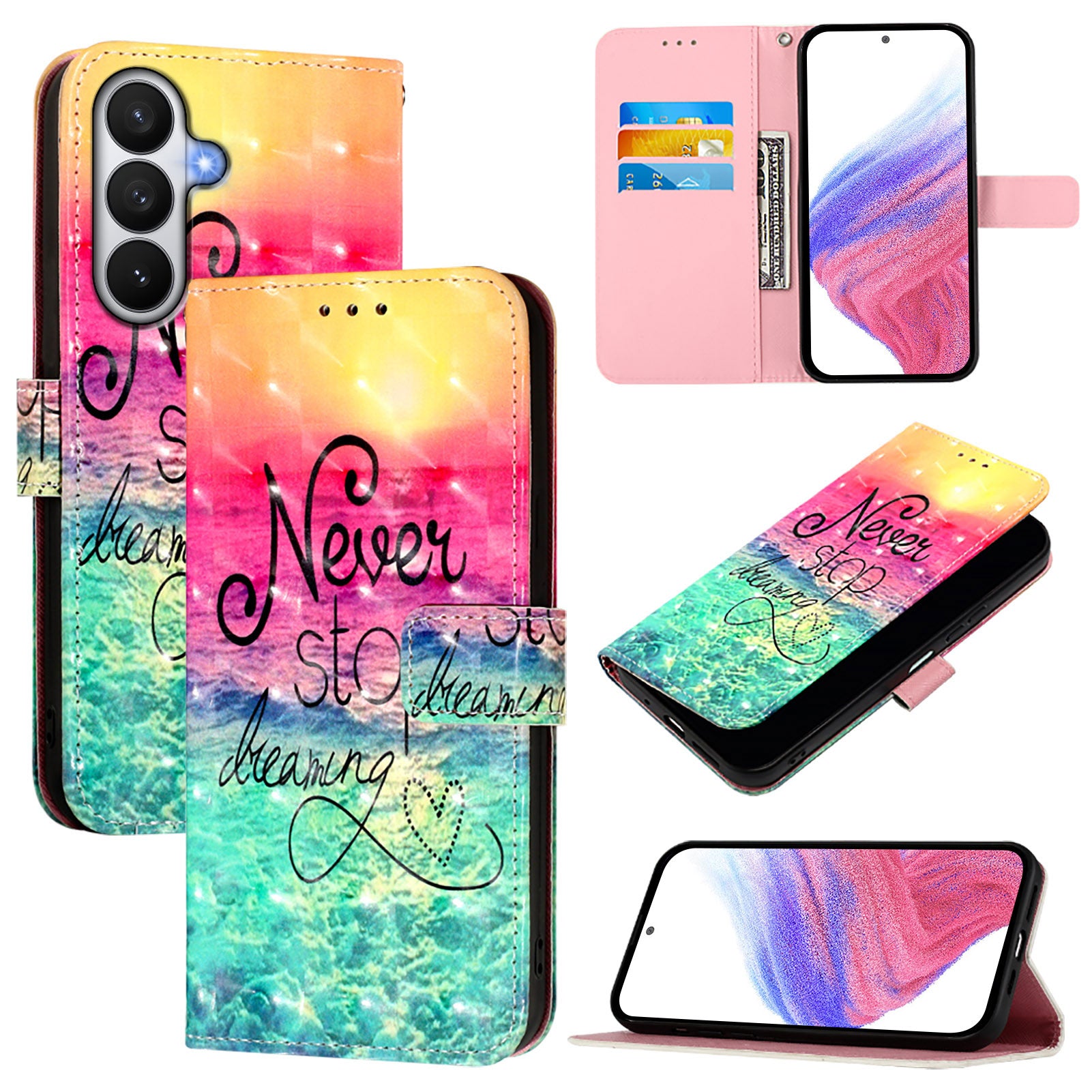 For-Samsung-Galaxy-S26-/-S26-Pro-Leather-Case-Pattern-Printing-Wallet-Stand-Mobile-Cover-with-Strap-Never-Stop-Dreaming