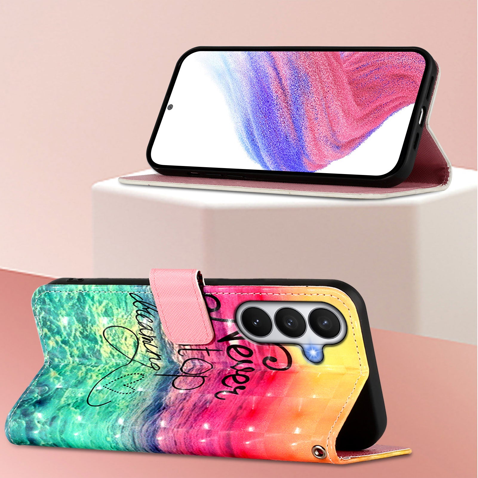 For-Samsung-Galaxy-S26-/-S26-Pro-Leather-Case-Pattern-Printing-Wallet-Stand-Mobile-Cover-with-Strap-Never-Stop-Dreaming