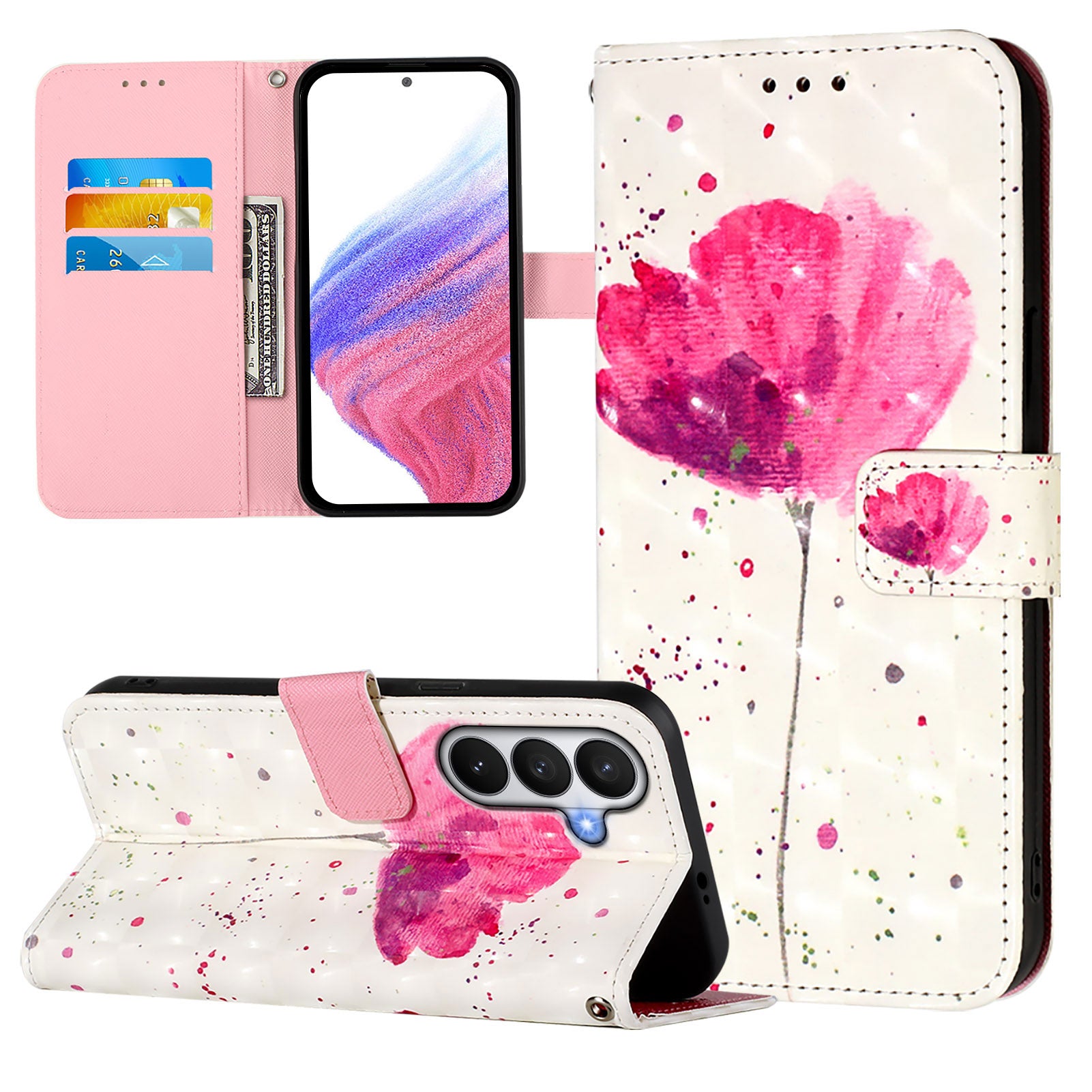 For-Samsung-Galaxy-S26-/-S26-Pro-Leather-Case-Pattern-Printing-Wallet-Stand-Mobile-Cover-with-Strap-Flower