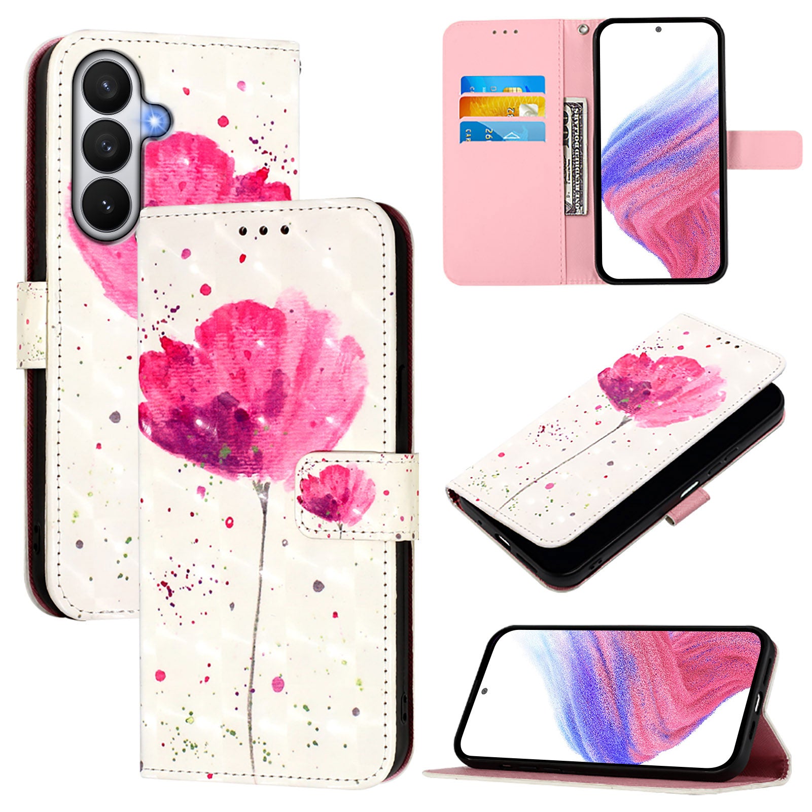 For-Samsung-Galaxy-S26-/-S26-Pro-Leather-Case-Pattern-Printing-Wallet-Stand-Mobile-Cover-with-Strap-Flower