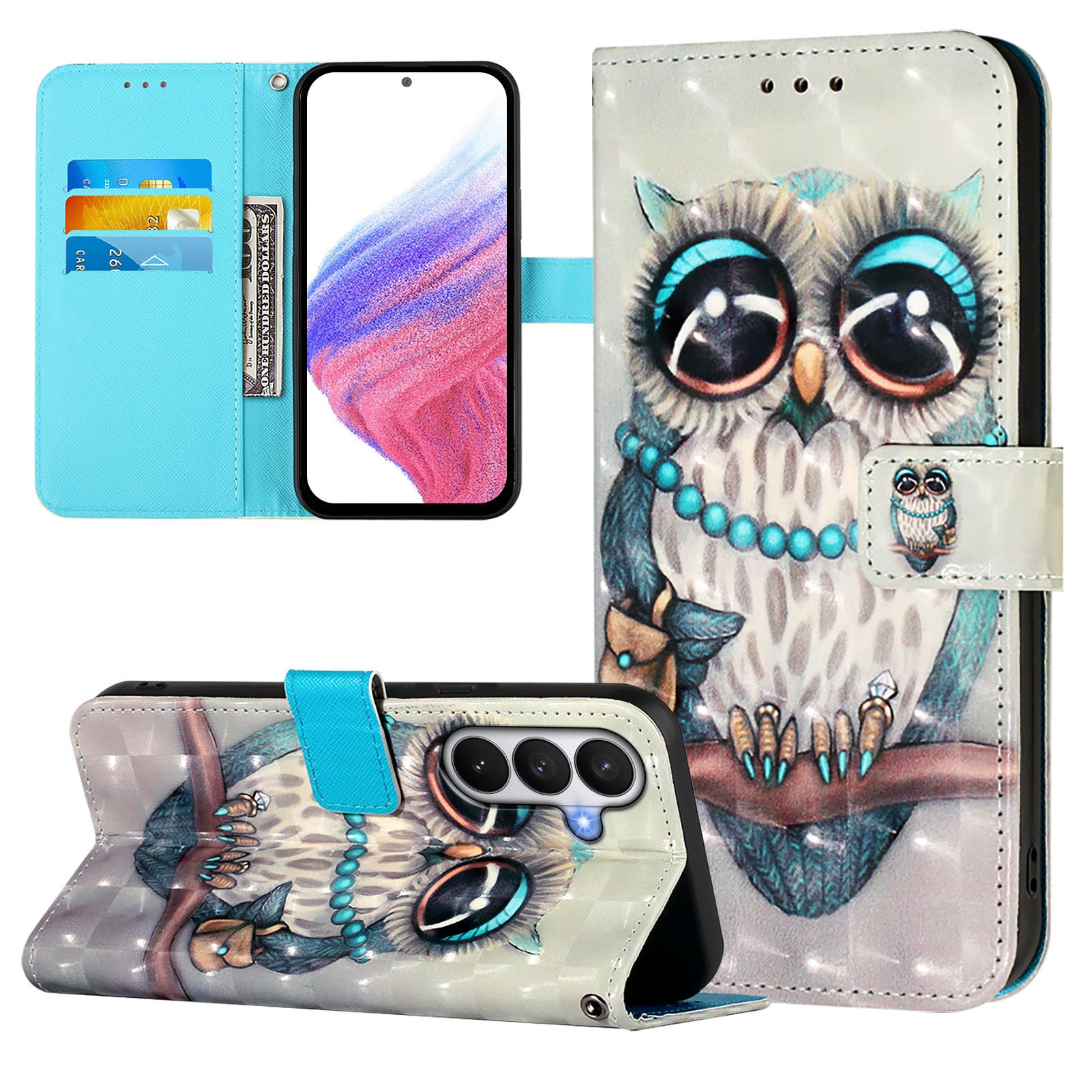 For-Samsung-Galaxy-S26-/-S26-Pro-Leather-Case-Pattern-Printing-Wallet-Stand-Mobile-Cover-with-Strap-Grey-Owl