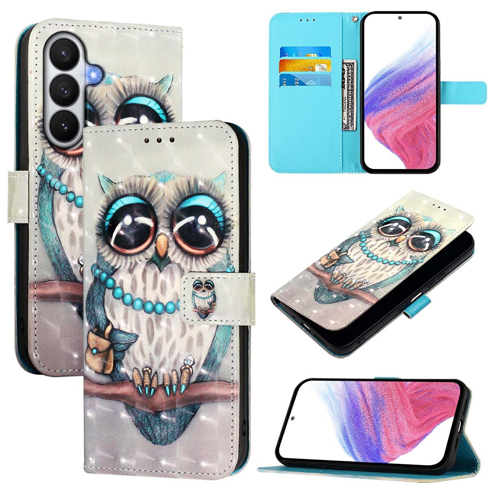 For-Samsung-Galaxy-S26-/-S26-Pro-Leather-Case-Pattern-Printing-Wallet-Stand-Mobile-Cover-with-Strap-Grey-Owl