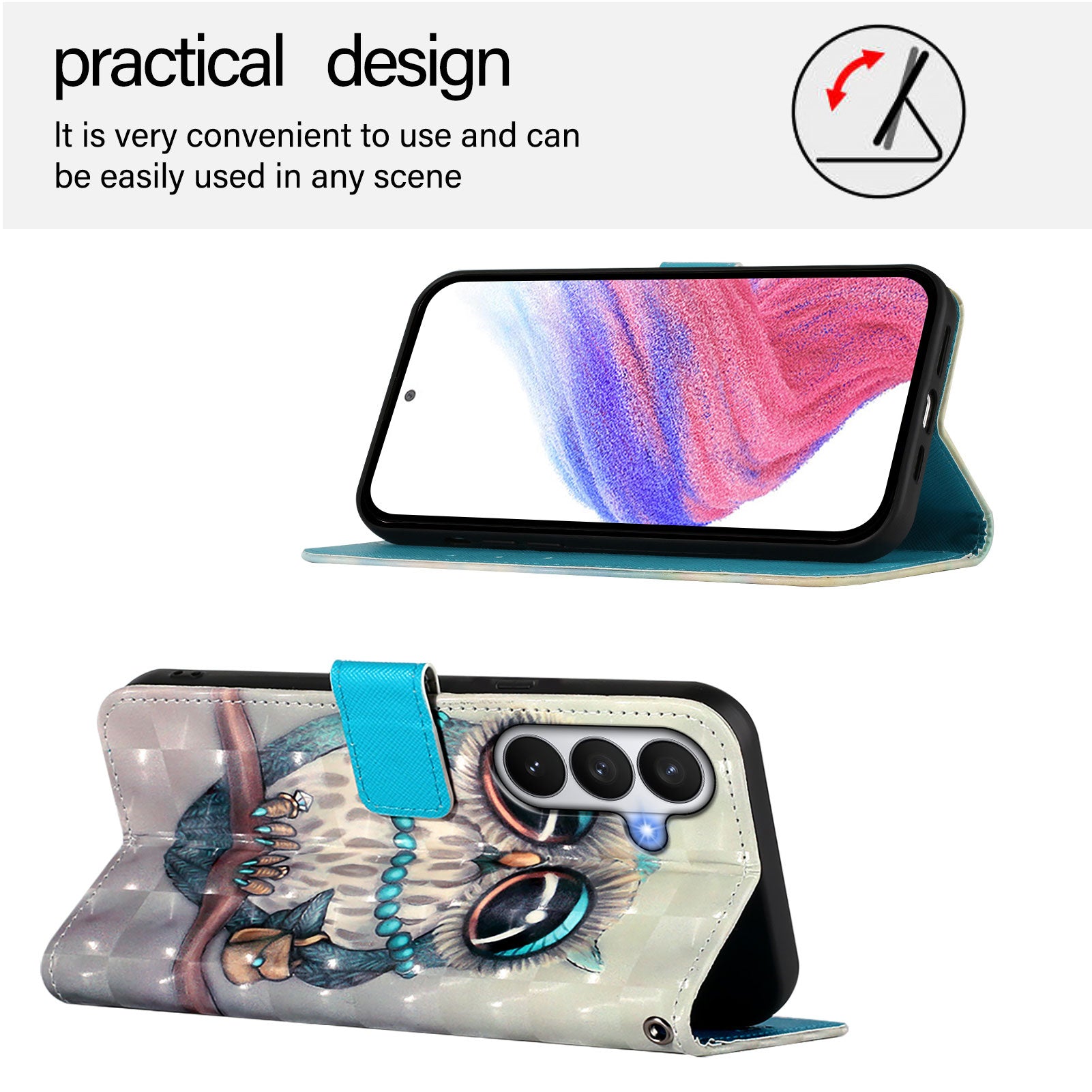 For-Samsung-Galaxy-S26-/-S26-Pro-Leather-Case-Pattern-Printing-Wallet-Stand-Mobile-Cover-with-Strap-Grey-Owl