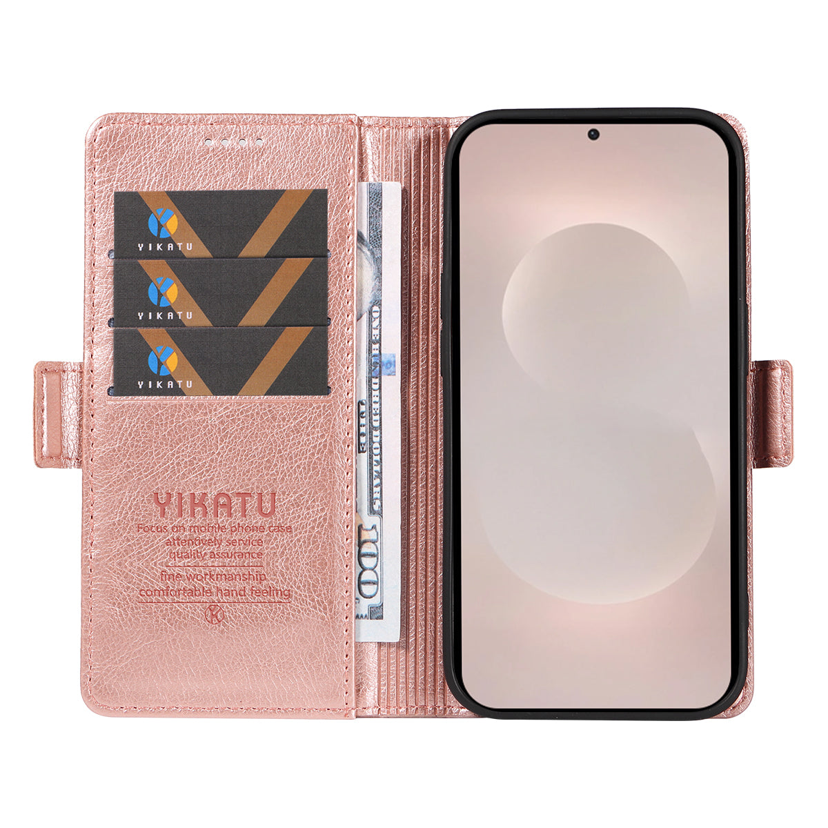For-Samsung-Galaxy-S26-Edge-Case-YIKATU-YK-007-Litchi-Texture-PU-Leather-Wallet-Phone-Cover-Rose-Gold