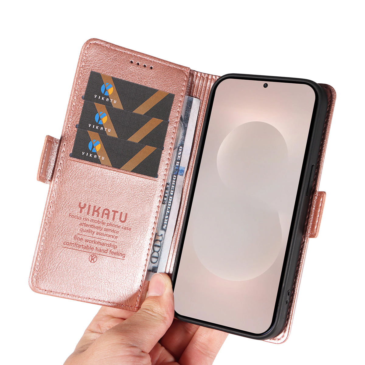 For-Samsung-Galaxy-S26-Edge-Case-YIKATU-YK-007-Litchi-Texture-PU-Leather-Wallet-Phone-Cover-Rose-Gold