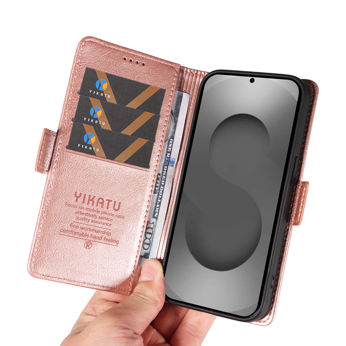 For-Samsung-Galaxy-S26-Ultra-Case-YIKATU-YK-007-Litchi-Texture-PU-Leather-Wallet-Phone-Cover-Rose-Gold