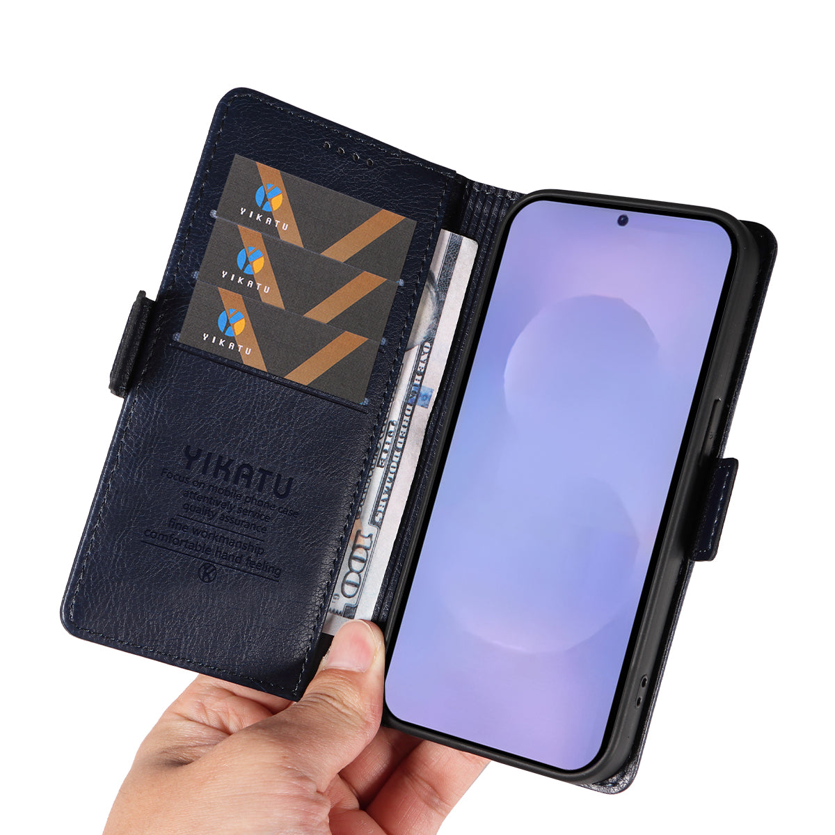 For-Samsung-Galaxy-S26-/-S26-Pro-Case-YIKATU-YK-007-Litchi-Texture-PU-Leather-Wallet-Phone-Cover-Navy-Blue