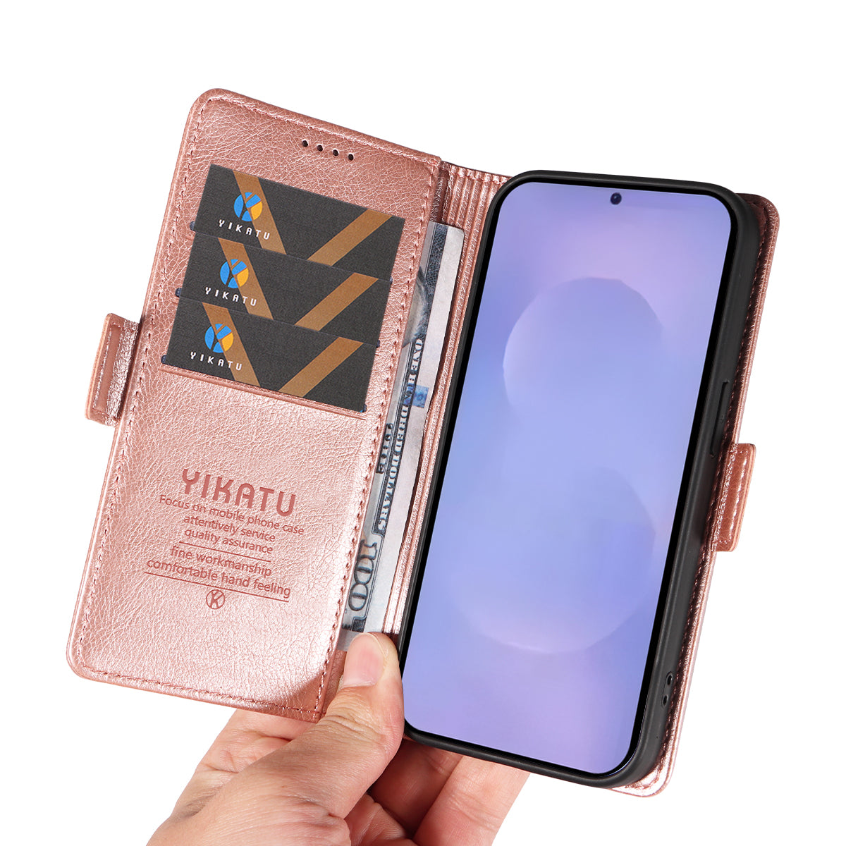 For-Samsung-Galaxy-S26-/-S26-Pro-Case-YIKATU-YK-007-Litchi-Texture-PU-Leather-Wallet-Phone-Cover-Rose-Gold