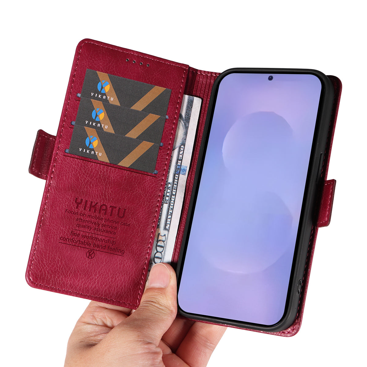 For-Samsung-Galaxy-S26-/-S26-Pro-Case-YIKATU-YK-007-Litchi-Texture-PU-Leather-Wallet-Phone-Cover-Wine-Red