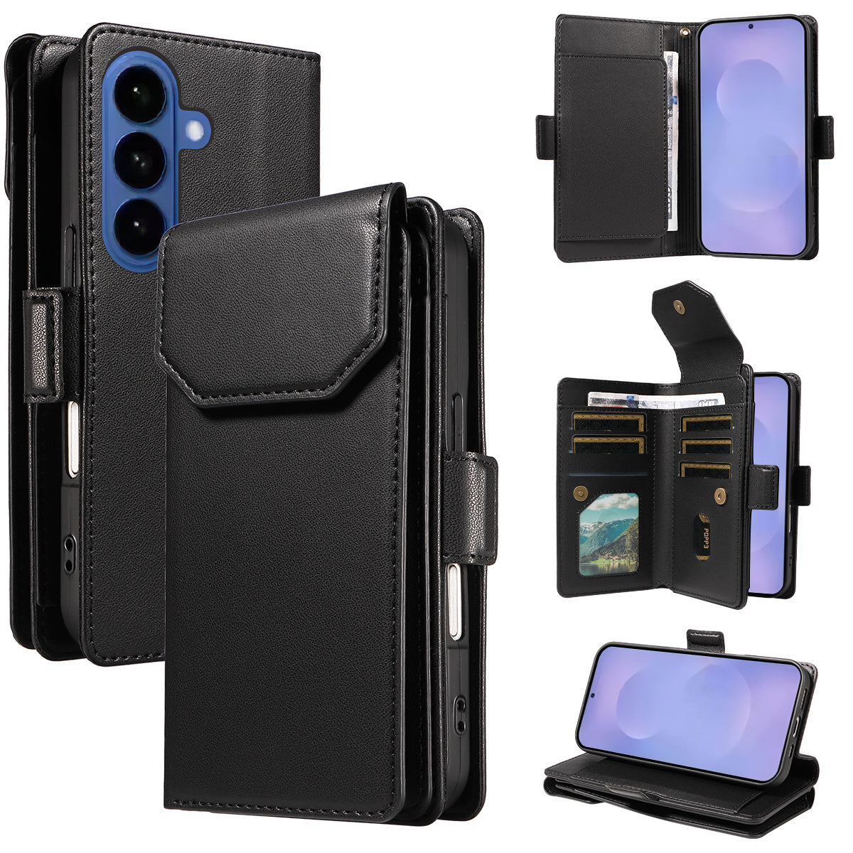 For-Samsung-Galaxy-S26-/-S26-Pro-Case-with-Multi-Card-Holder-and-Strap-PU-Leather-Phone-Cover-Stand-Black