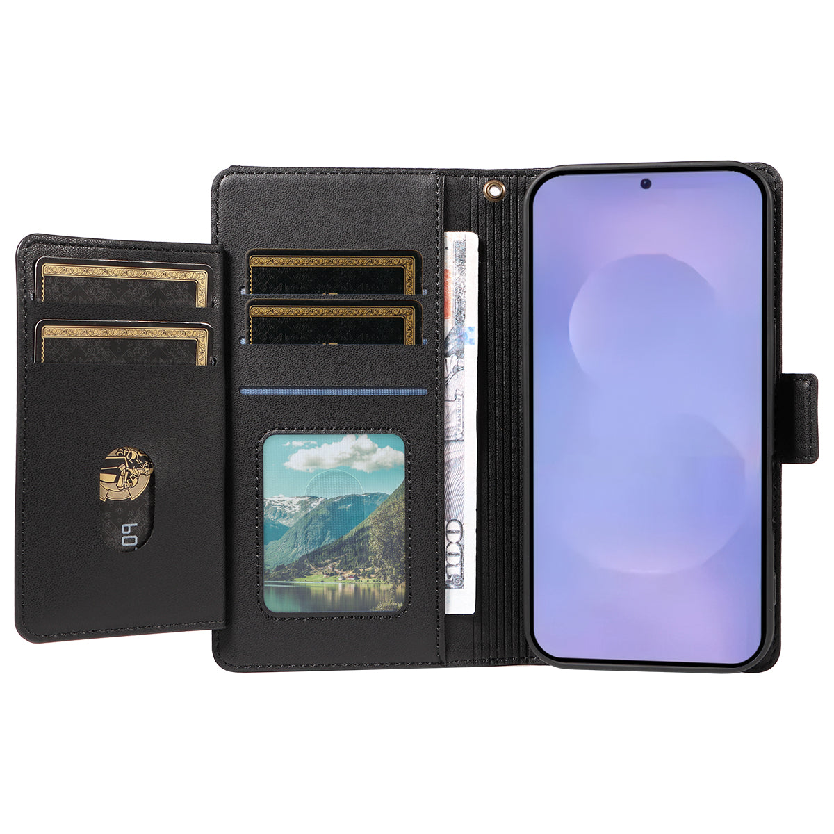 For-Samsung-Galaxy-S26-/-S26-Pro-Case-with-Multi-Card-Holder-and-Strap-PU-Leather-Phone-Cover-Stand-Black