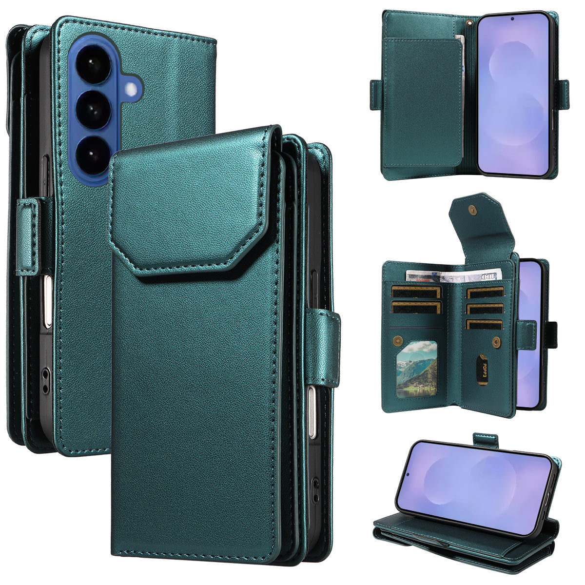 For-Samsung-Galaxy-S26-/-S26-Pro-Case-with-Multi-Card-Holder-and-Strap-PU-Leather-Phone-Cover-Stand-Green