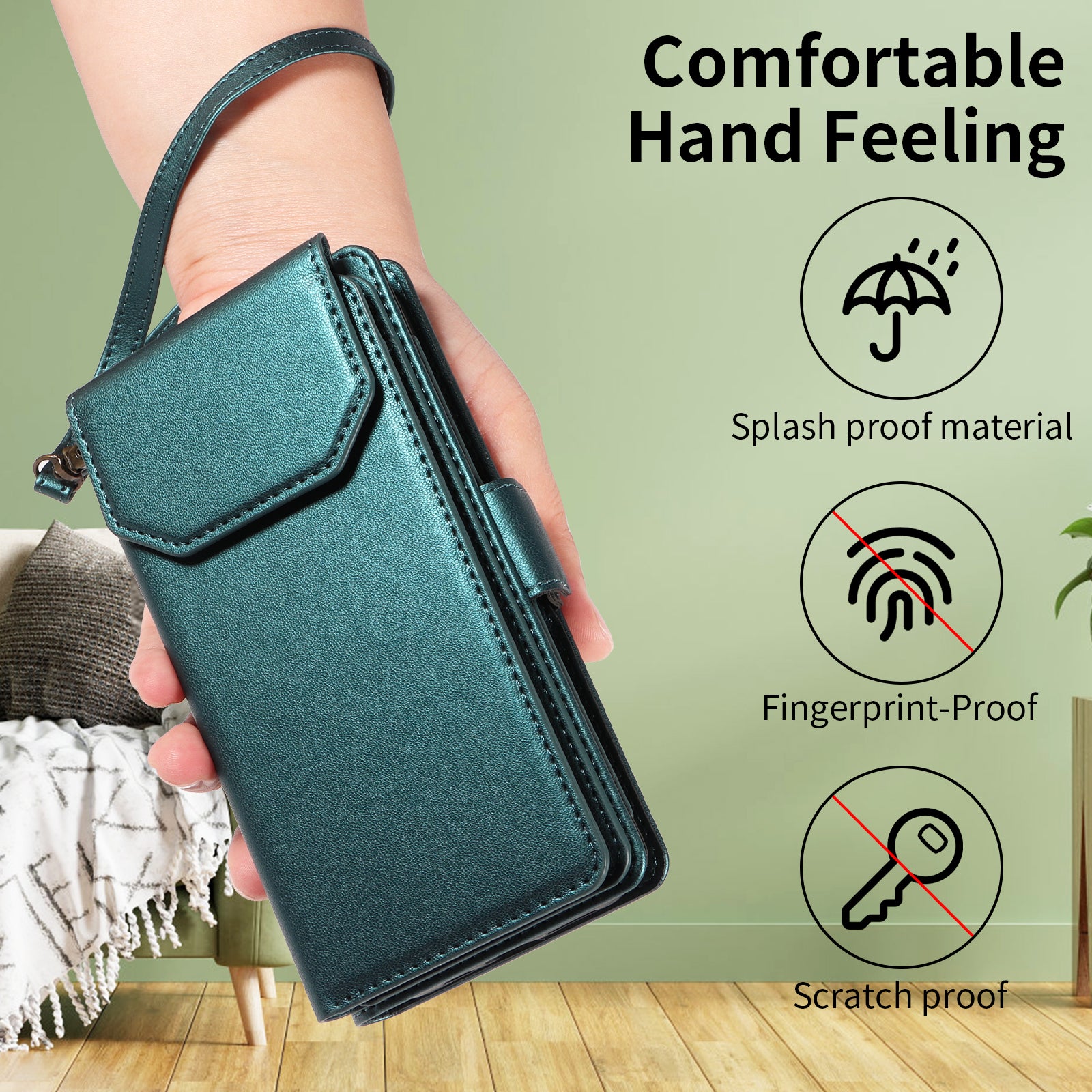 For-Samsung-Galaxy-S26-/-S26-Pro-Case-with-Multi-Card-Holder-and-Strap-PU-Leather-Phone-Cover-Stand-Green