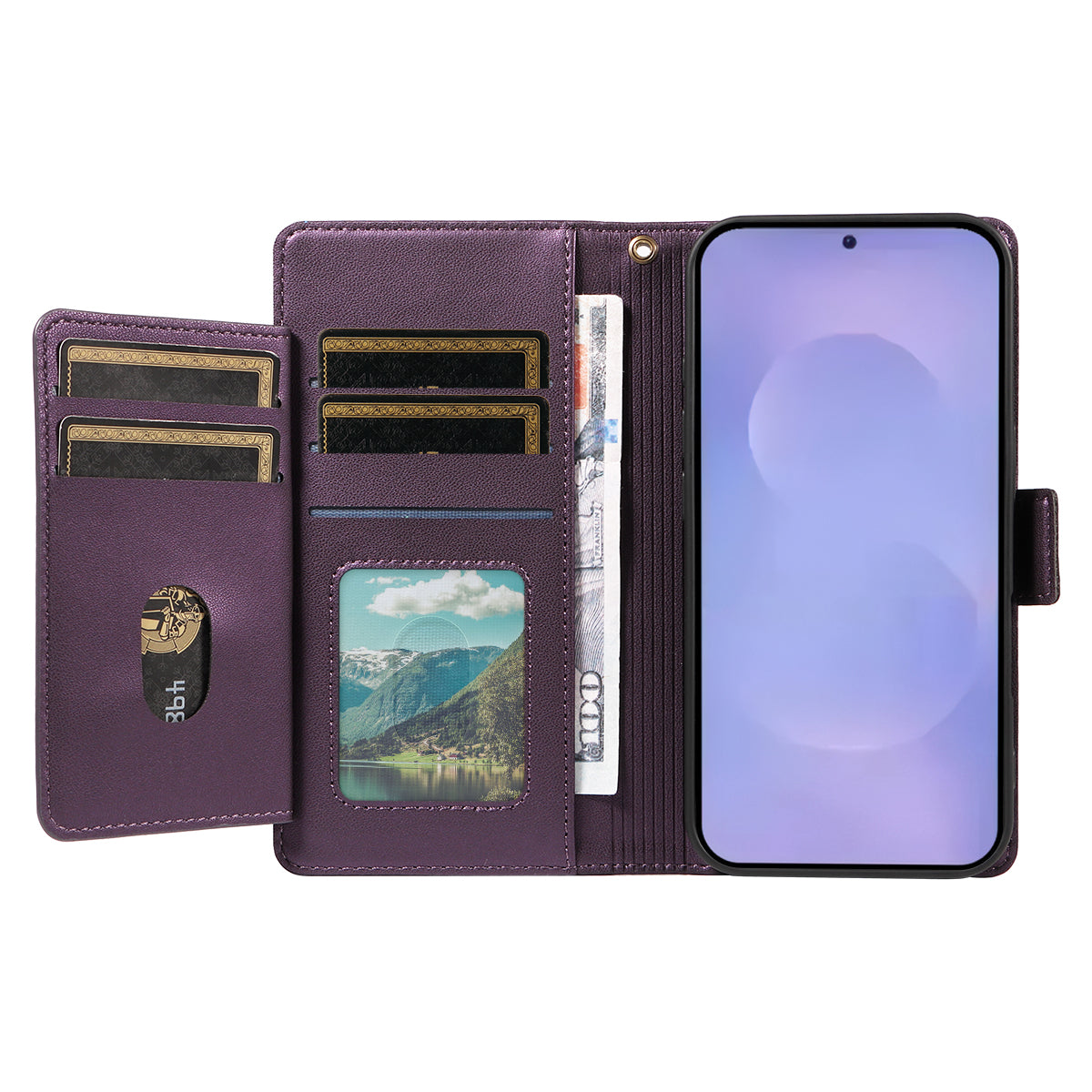 For-Samsung-Galaxy-S26-/-S26-Pro-Case-with-Multi-Card-Holder-and-Strap-PU-Leather-Phone-Cover-Stand-Purple