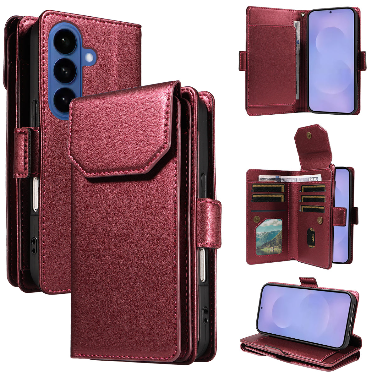 For-Samsung-Galaxy-S26-/-S26-Pro-Case-with-Multi-Card-Holder-and-Strap-PU-Leather-Phone-Cover-Stand-Red