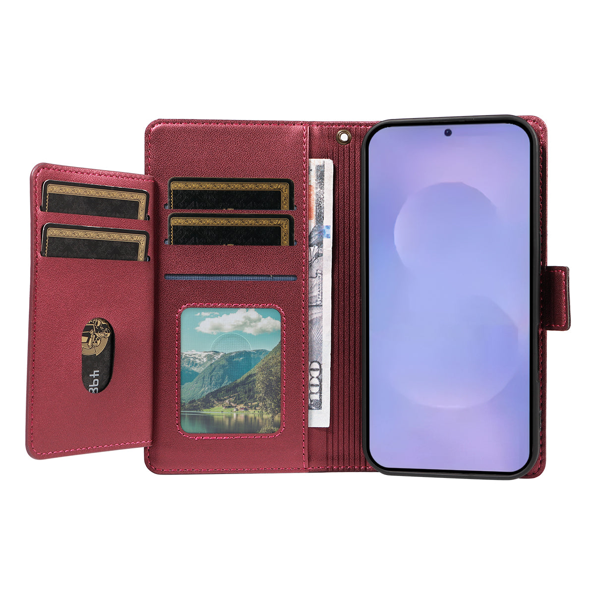 For-Samsung-Galaxy-S26-/-S26-Pro-Case-with-Multi-Card-Holder-and-Strap-PU-Leather-Phone-Cover-Stand-Red