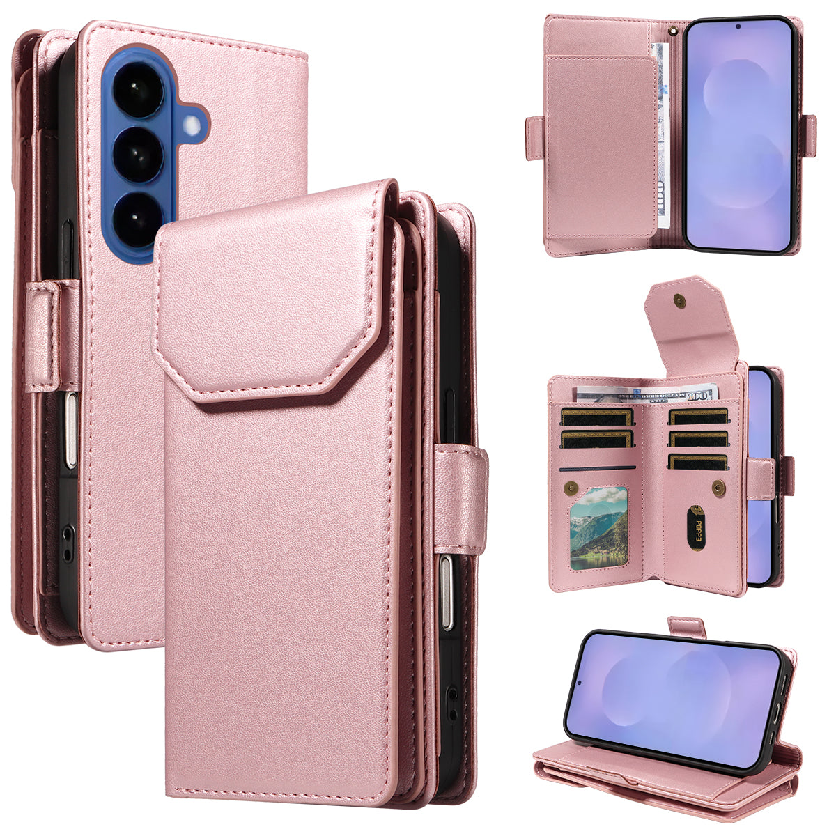 For-Samsung-Galaxy-S26-/-S26-Pro-Case-with-Multi-Card-Holder-and-Strap-PU-Leather-Phone-Cover-Stand-Rose-Gold