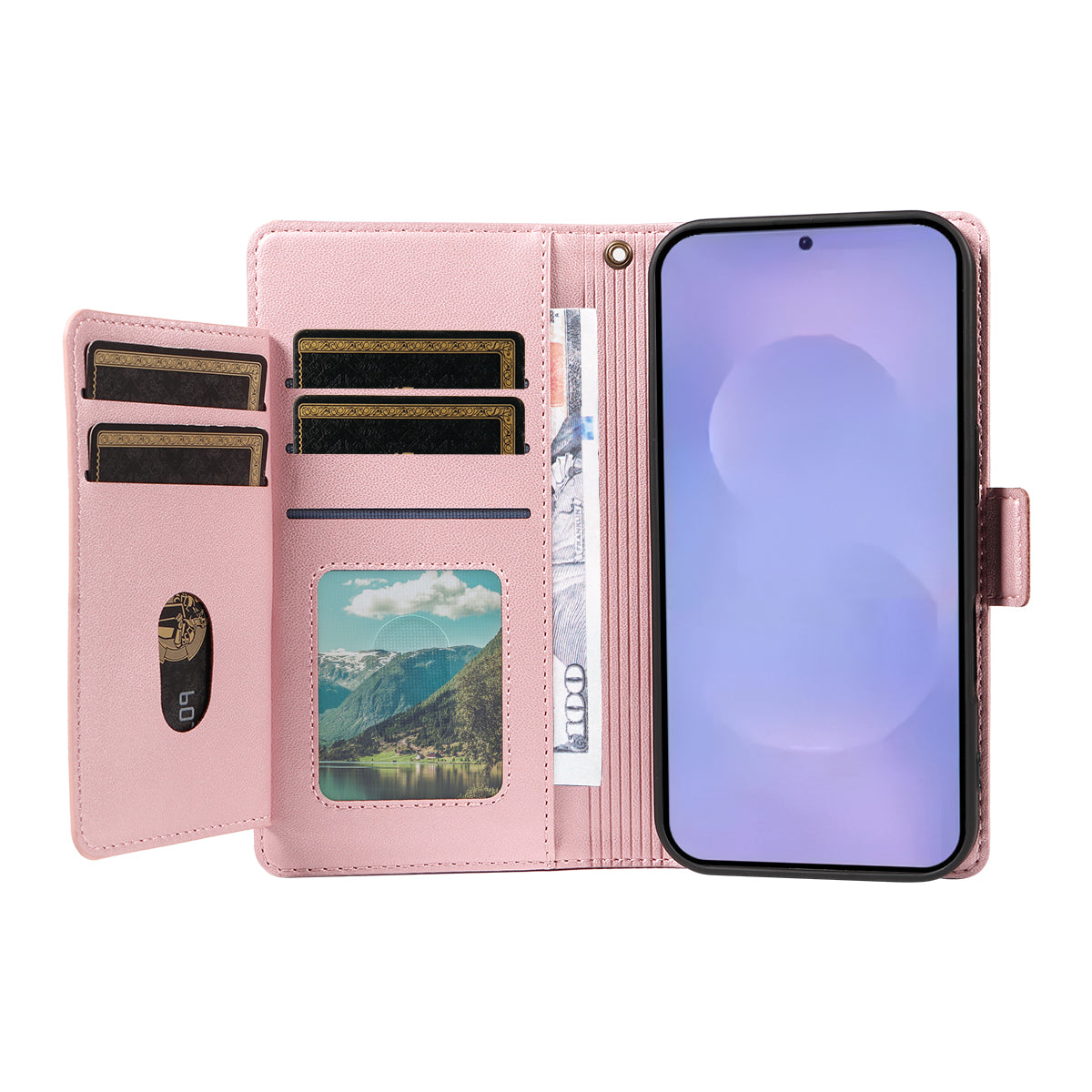 For-Samsung-Galaxy-S26-/-S26-Pro-Case-with-Multi-Card-Holder-and-Strap-PU-Leather-Phone-Cover-Stand-Rose-Gold