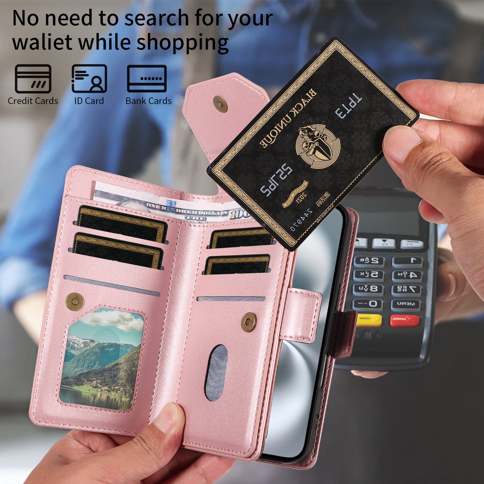 For-Samsung-Galaxy-S26-/-S26-Pro-Case-with-Multi-Card-Holder-and-Strap-PU-Leather-Phone-Cover-Stand-Rose-Gold