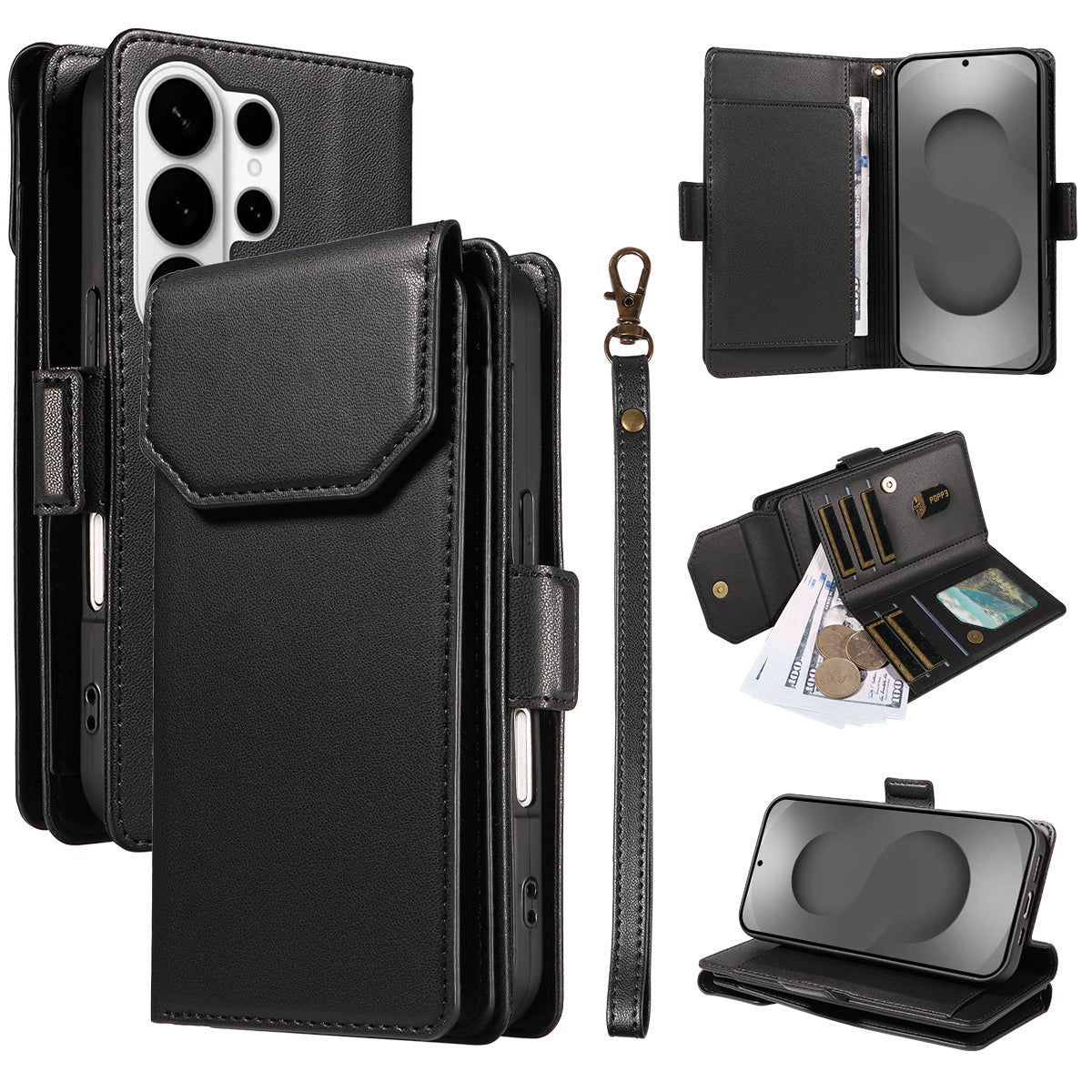 For-Samsung-Galaxy-S26-Ultra-Case-with-Multi-Card-Holder-and-Strap-PU-Leather-Phone-Cover-Stand-Black