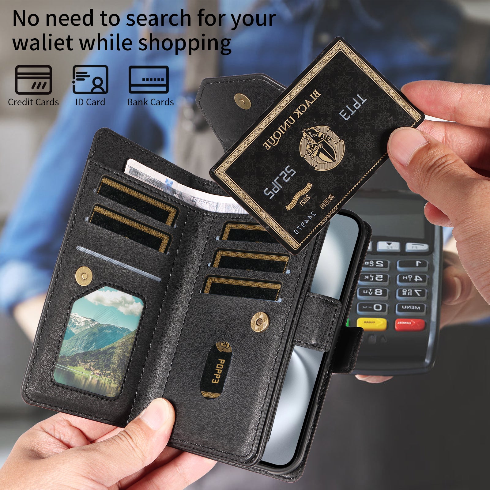 For-Samsung-Galaxy-S26-Ultra-Case-with-Multi-Card-Holder-and-Strap-PU-Leather-Phone-Cover-Stand-Black