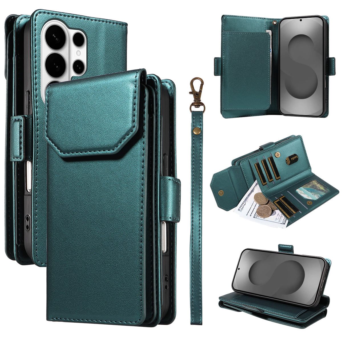 For-Samsung-Galaxy-S26-Ultra-Case-with-Multi-Card-Holder-and-Strap-PU-Leather-Phone-Cover-Stand-Green