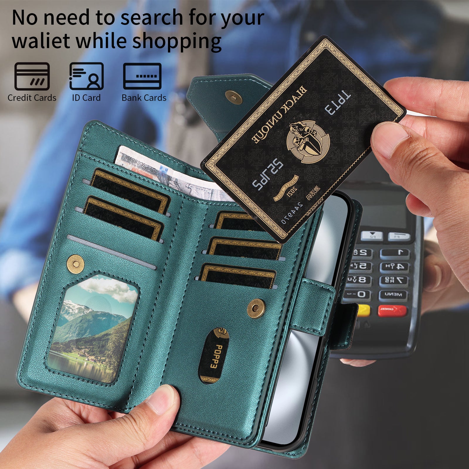 For-Samsung-Galaxy-S26-Ultra-Case-with-Multi-Card-Holder-and-Strap-PU-Leather-Phone-Cover-Stand-Green