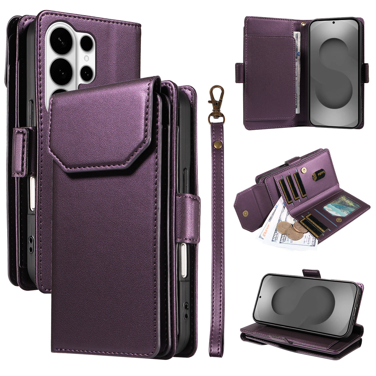 For-Samsung-Galaxy-S26-Ultra-Case-with-Multi-Card-Holder-and-Strap-PU-Leather-Phone-Cover-Stand-Purple
