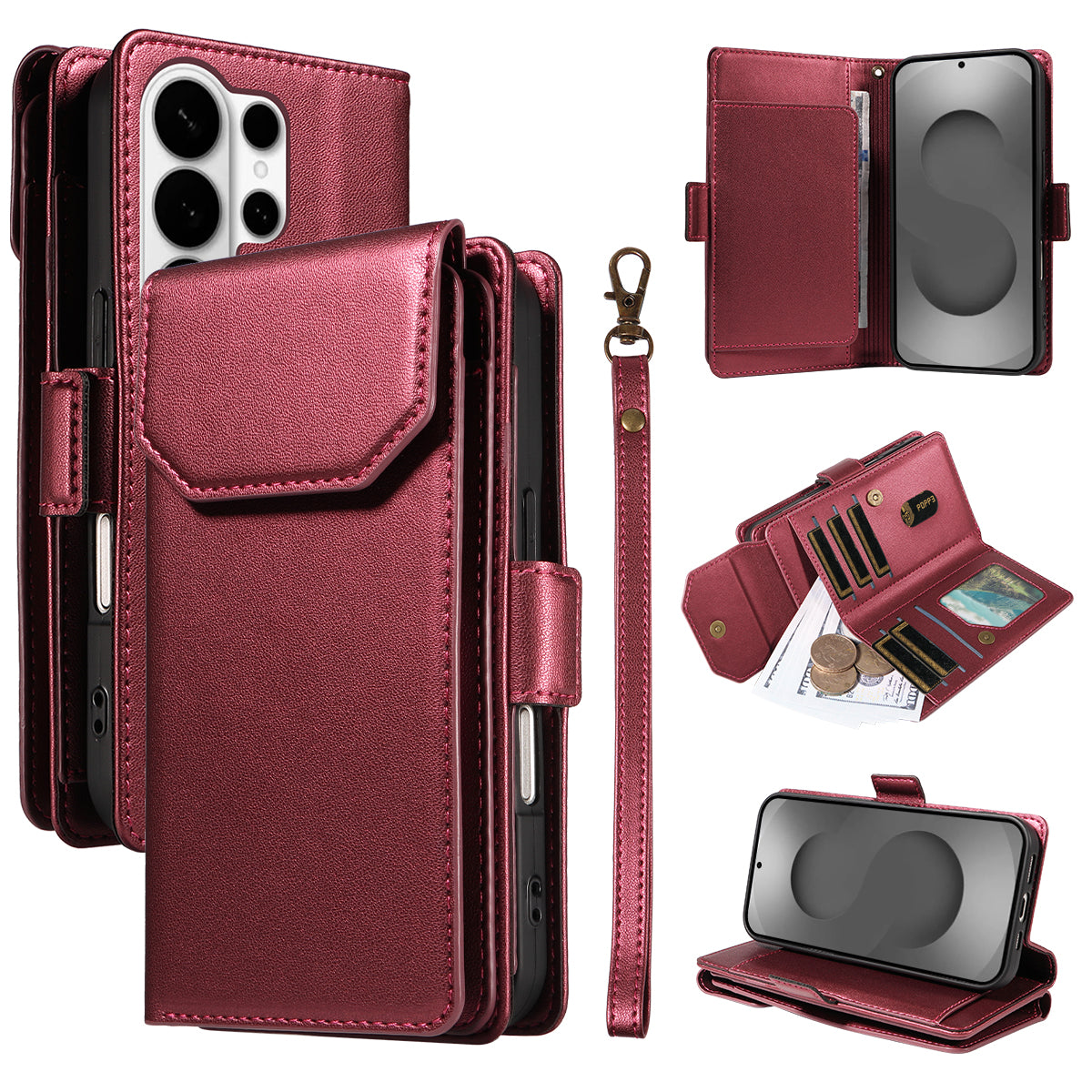 For-Samsung-Galaxy-S26-Ultra-Case-with-Multi-Card-Holder-and-Strap-PU-Leather-Phone-Cover-Stand-Red