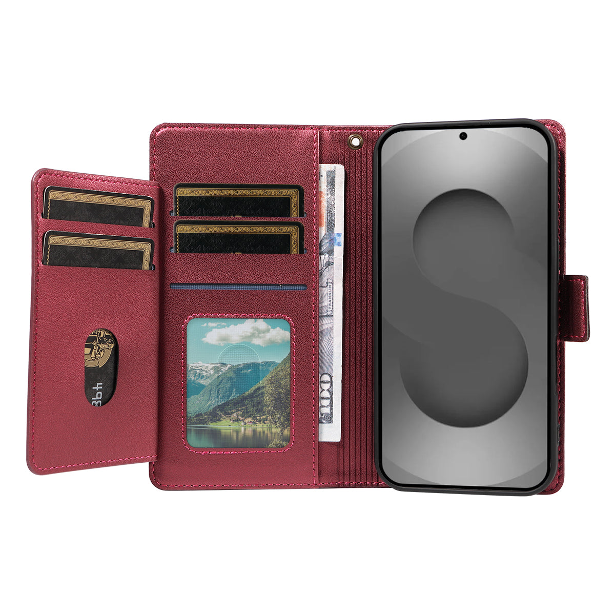 For-Samsung-Galaxy-S26-Ultra-Case-with-Multi-Card-Holder-and-Strap-PU-Leather-Phone-Cover-Stand-Red