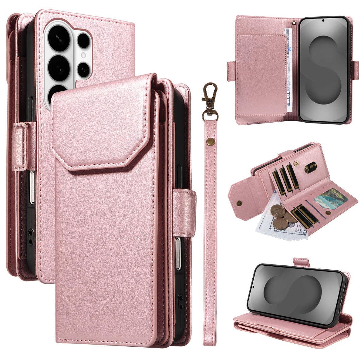 For-Samsung-Galaxy-S26-Ultra-Case-with-Multi-Card-Holder-and-Strap-PU-Leather-Phone-Cover-Stand-Rose-Gold