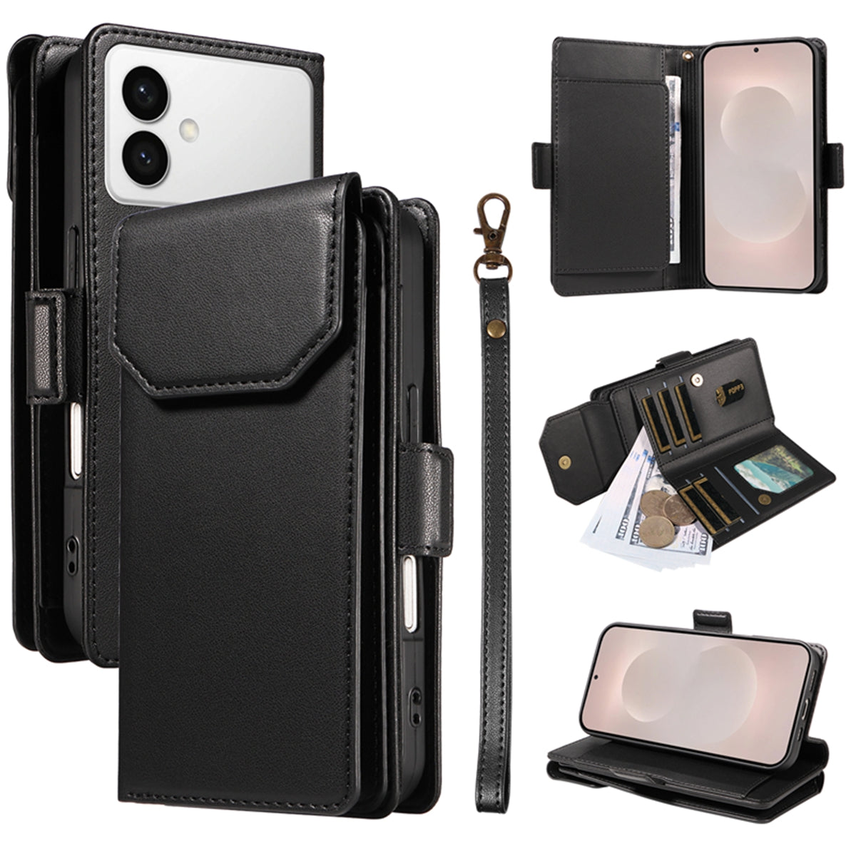 For-Samsung-Galaxy-S26-Edge-Case-with-Multi-Card-Holder-and-Strap-PU-Leather-Phone-Cover-Stand-Black