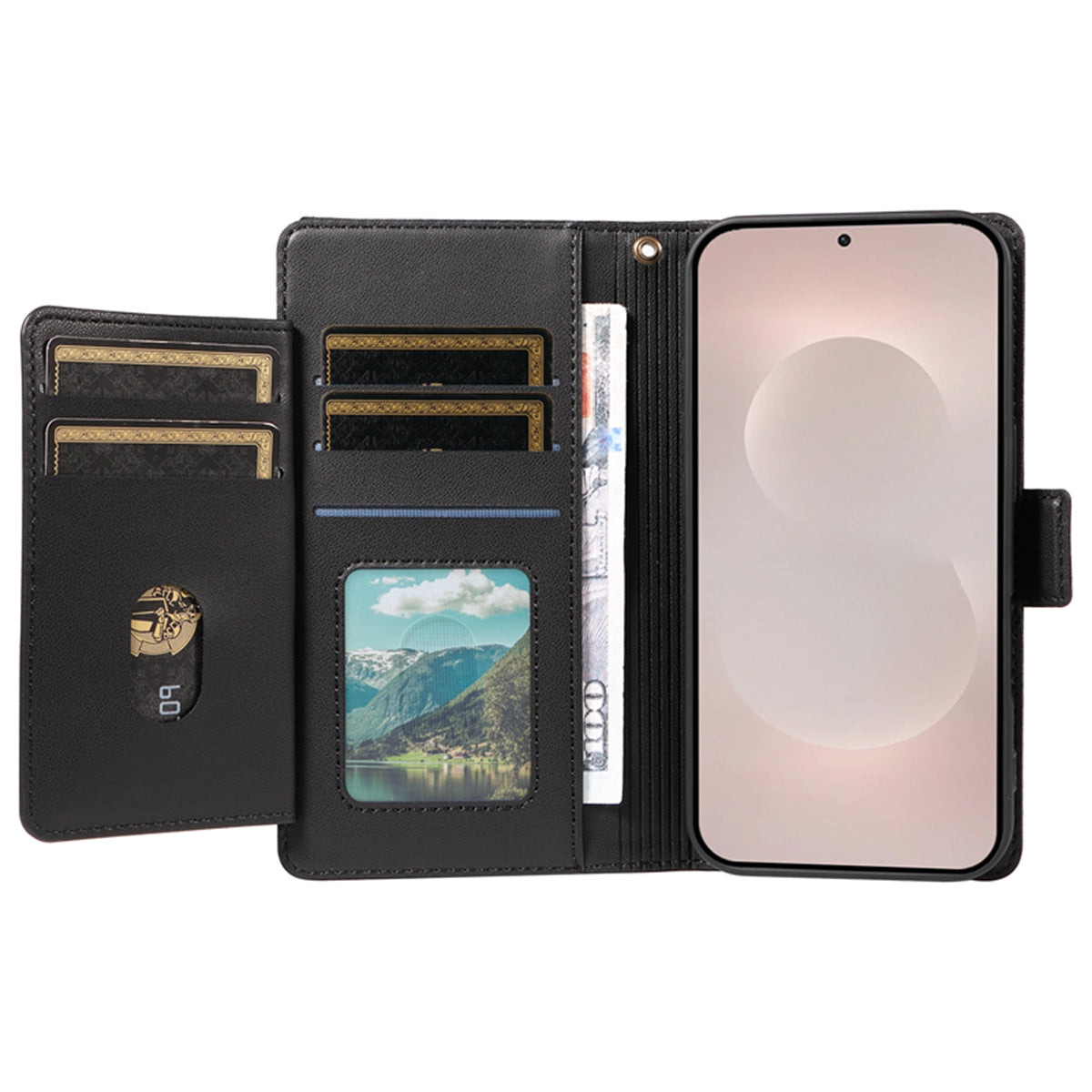 For-Samsung-Galaxy-S26-Edge-Case-with-Multi-Card-Holder-and-Strap-PU-Leather-Phone-Cover-Stand-Black