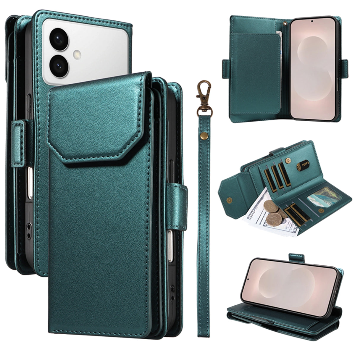 For-Samsung-Galaxy-S26-Edge-Case-with-Multi-Card-Holder-and-Strap-PU-Leather-Phone-Cover-Stand-Green