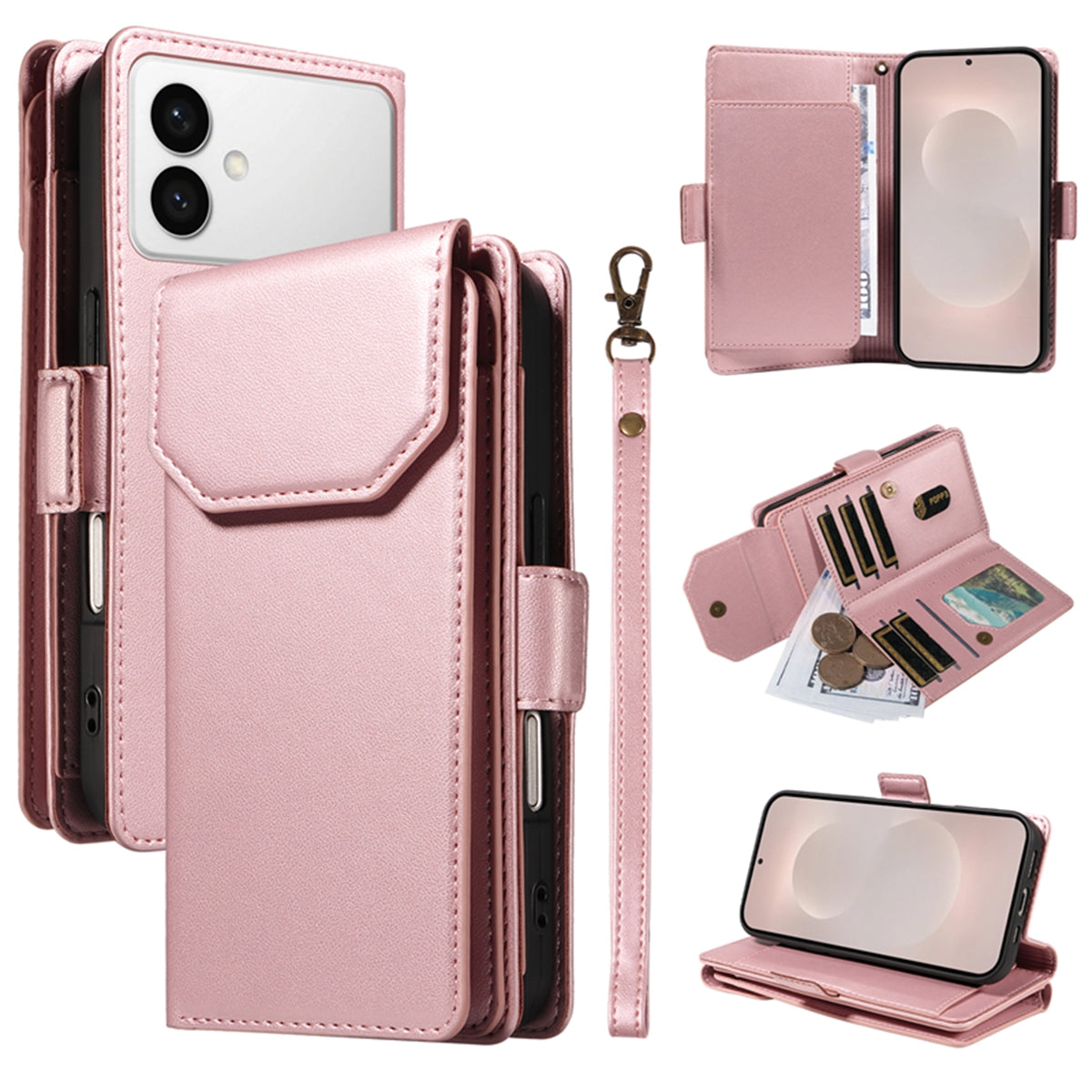 For-Samsung-Galaxy-S26-Edge-Case-with-Multi-Card-Holder-and-Strap-PU-Leather-Phone-Cover-Stand-Rose-Gold