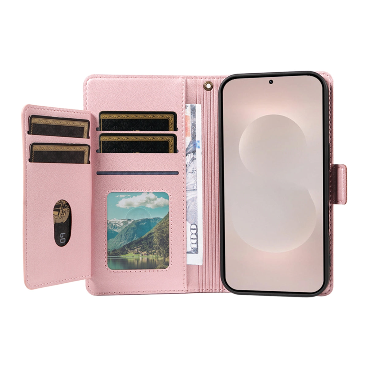 For-Samsung-Galaxy-S26-Edge-Case-with-Multi-Card-Holder-and-Strap-PU-Leather-Phone-Cover-Stand-Rose-Gold