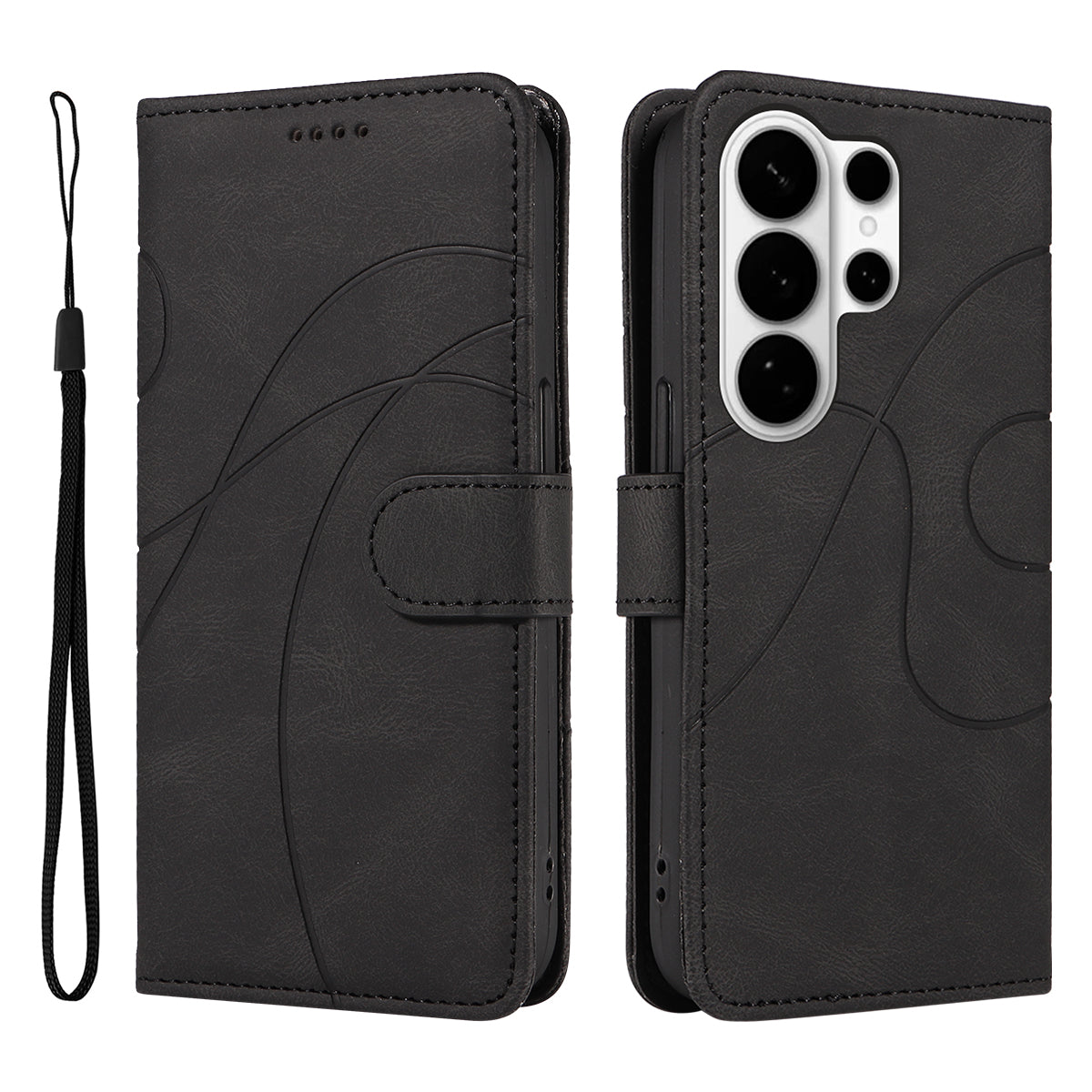 For-Samsung-Galaxy-S26-Ultra-Wallet-Case-Leather-Phone-Cover-Stand-with-Curved-Line-Design-Black
