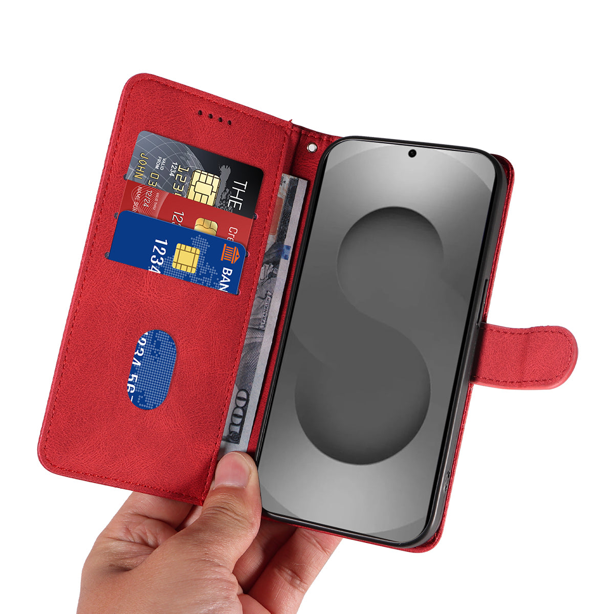 For-Samsung-Galaxy-S26-Ultra-Wallet-Case-Leather-Phone-Cover-Stand-with-Curved-Line-Design-Red