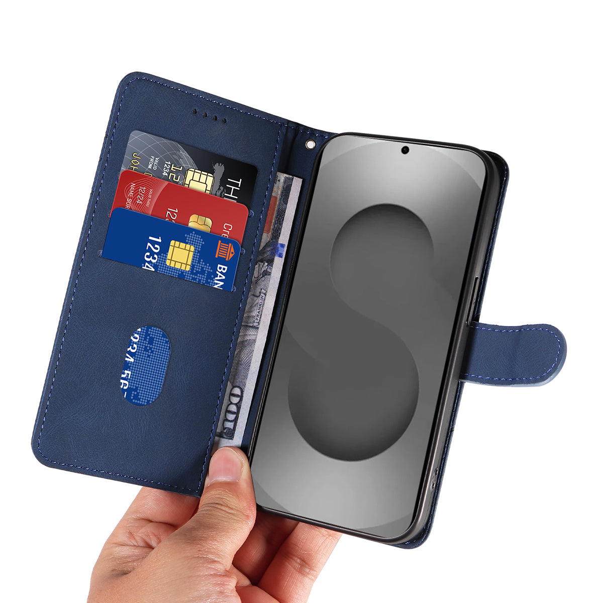 For-Samsung-Galaxy-S26-Ultra-Wallet-Case-Leather-Phone-Cover-Stand-with-Curved-Line-Design-Blue